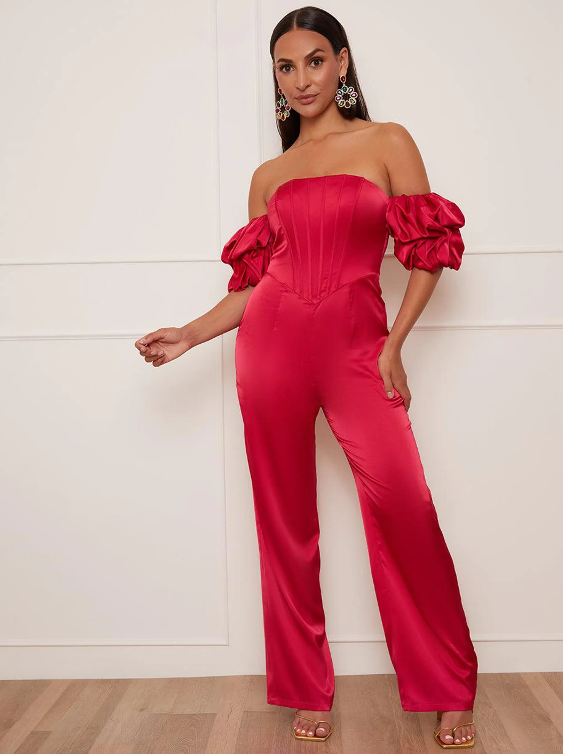 Petite Bardot Corset Style Jumpsuit in Pink