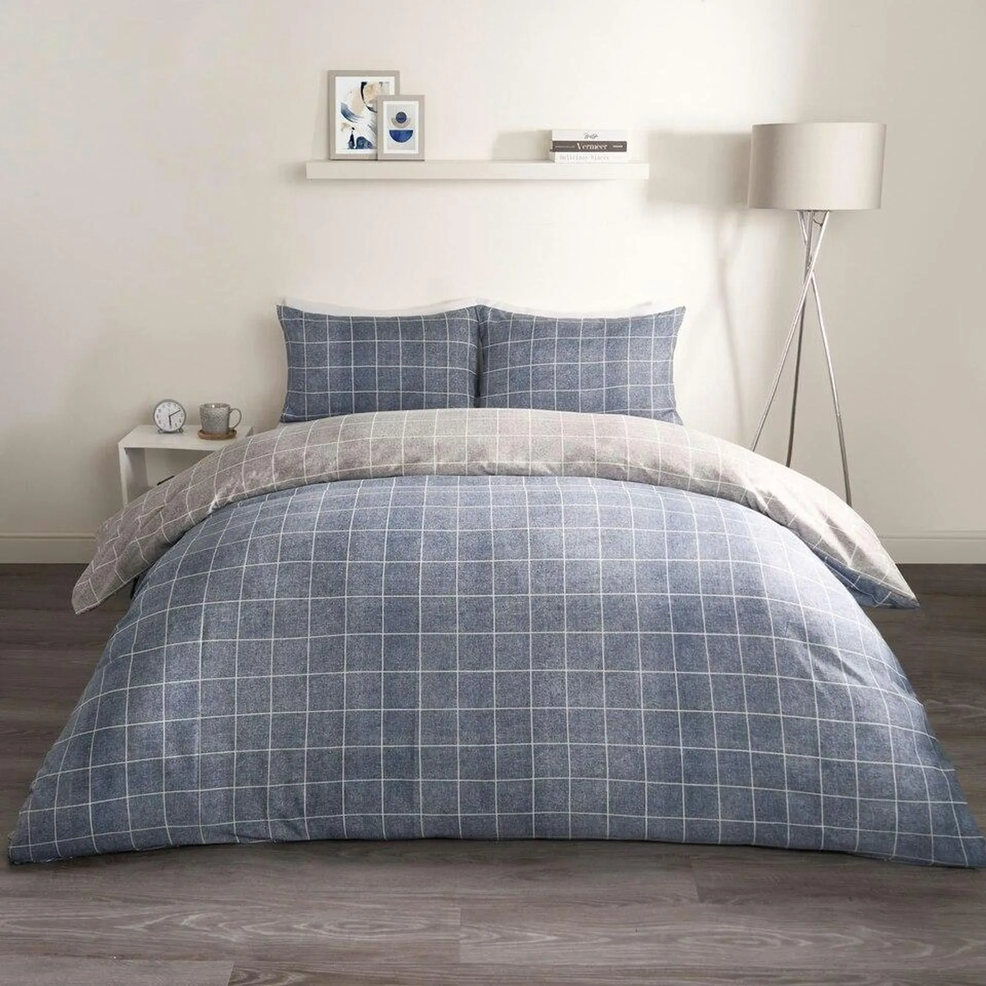 OHS Line Check Print Reversible Microfibre Duvet Cover Bedding Set, Super King - Grey/Navy Blue