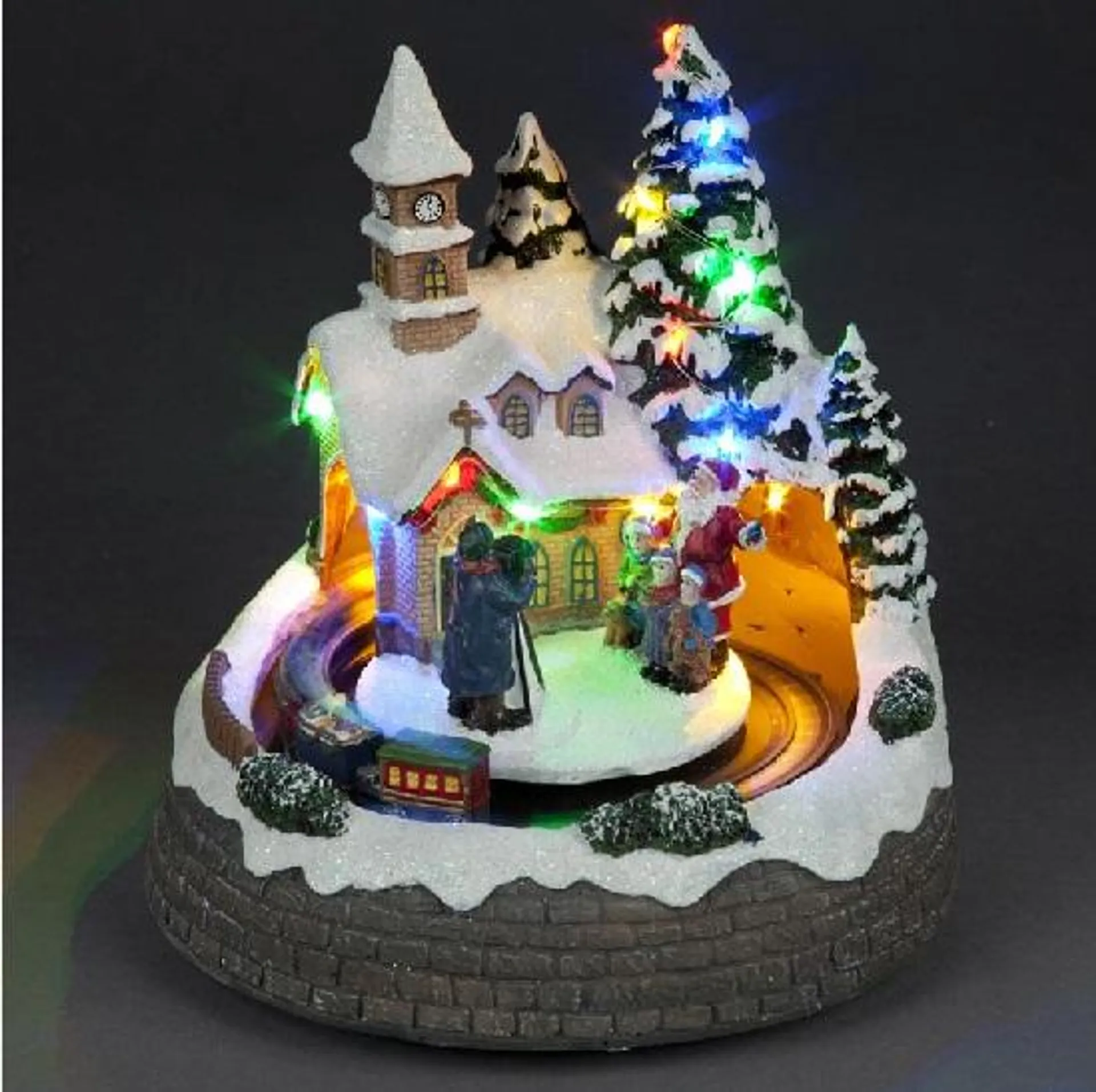Battery Operated 22cm LED Church With Santa, Children and Turning Train with Music