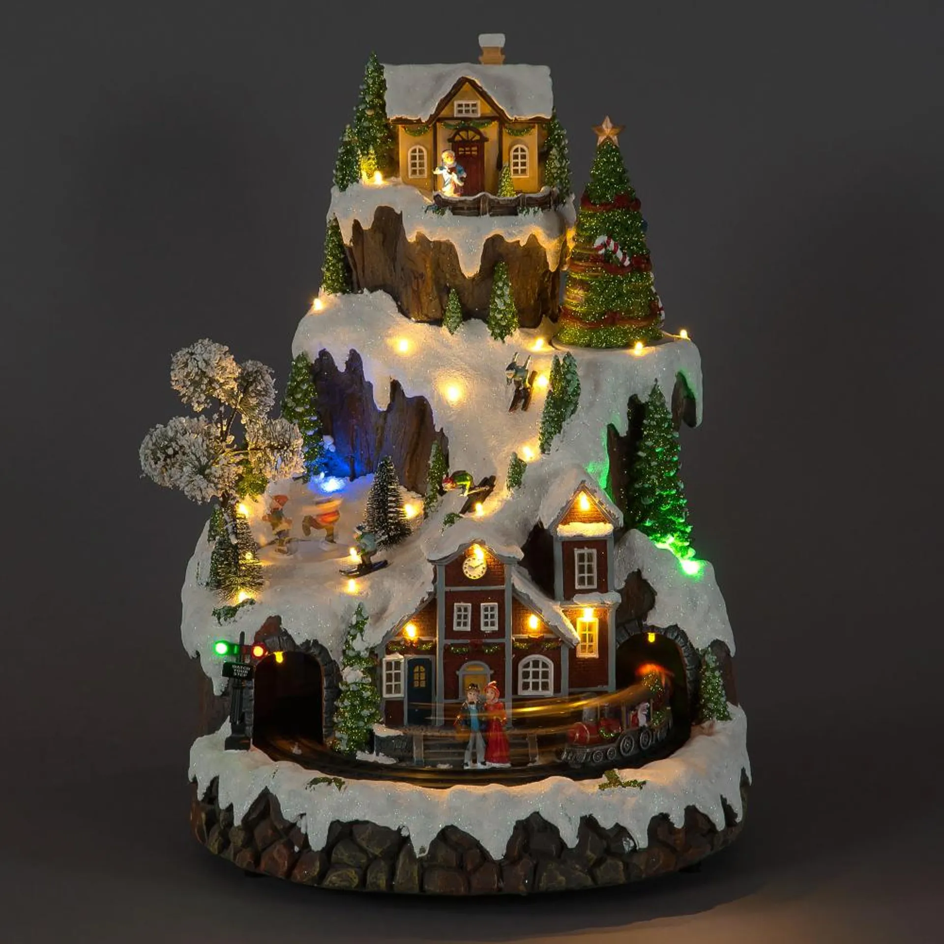 43cm Village With Skaters Train Turning Tree & LED, Music