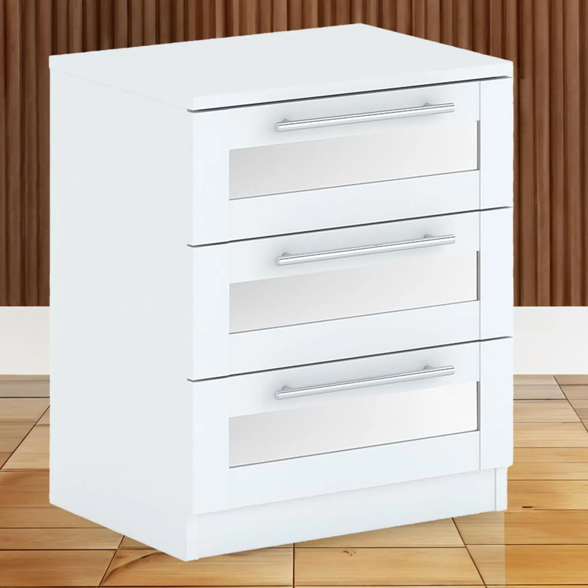 Finley 3 Drawer White Mirrored Bedside Table