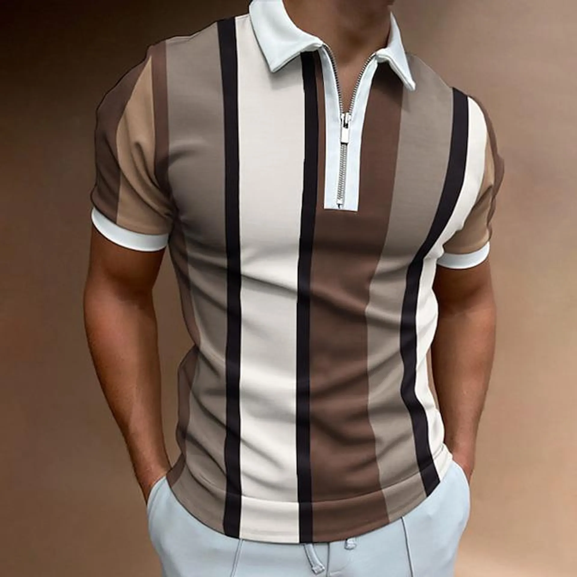 Men's Polo Shirt Golf Shirt Quarter Zip Short Sleeve Casual Striped Zipper Black Clothing Apparel