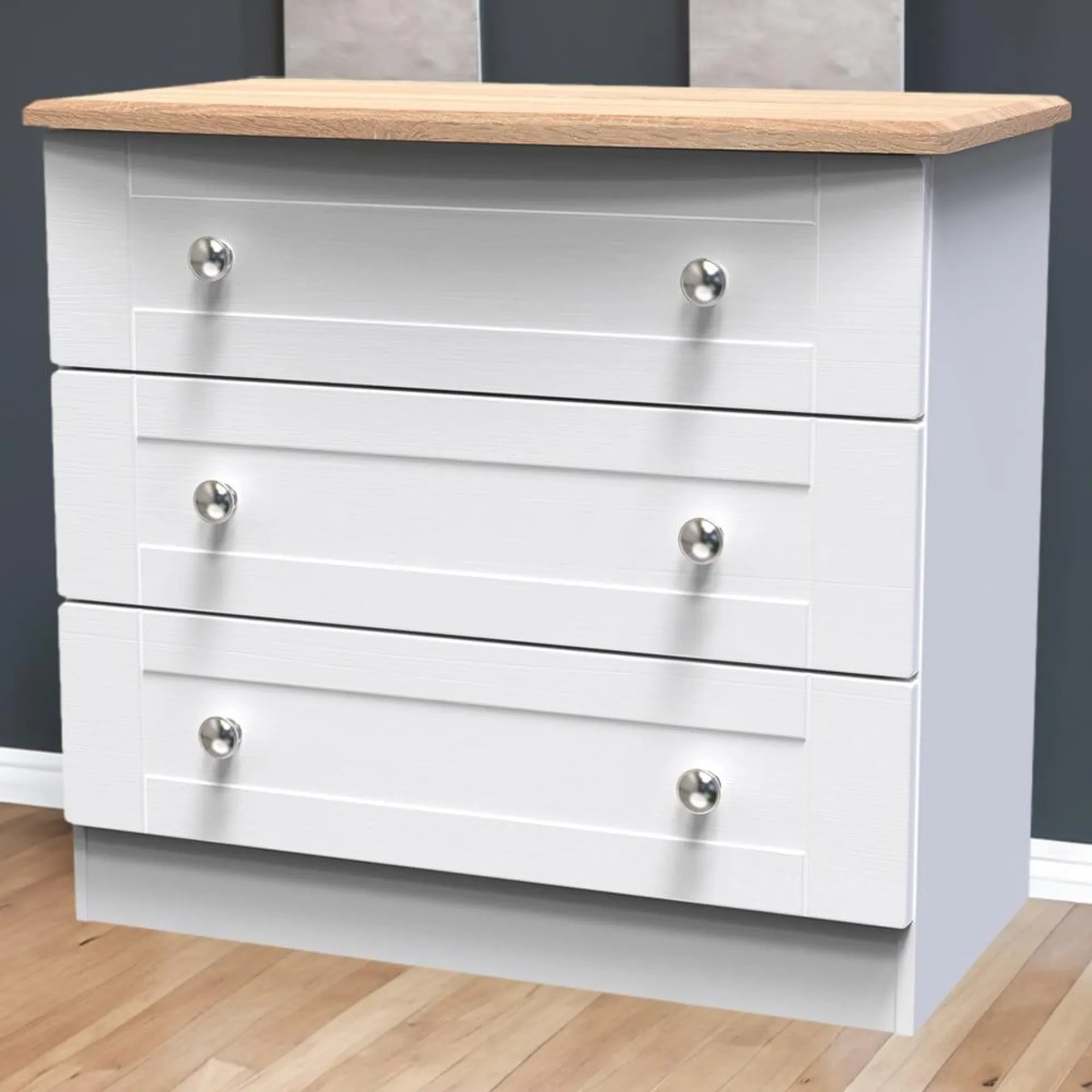 Crowndale Sussex 3 Drawer White Ash and Bardolino Oak Chest of Drawers Ready Assembled