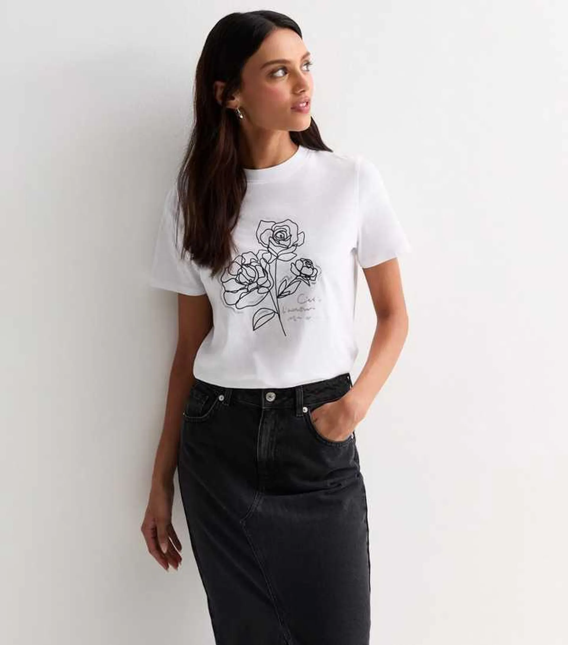 White Foil Rose Print Cotton T-Shirt