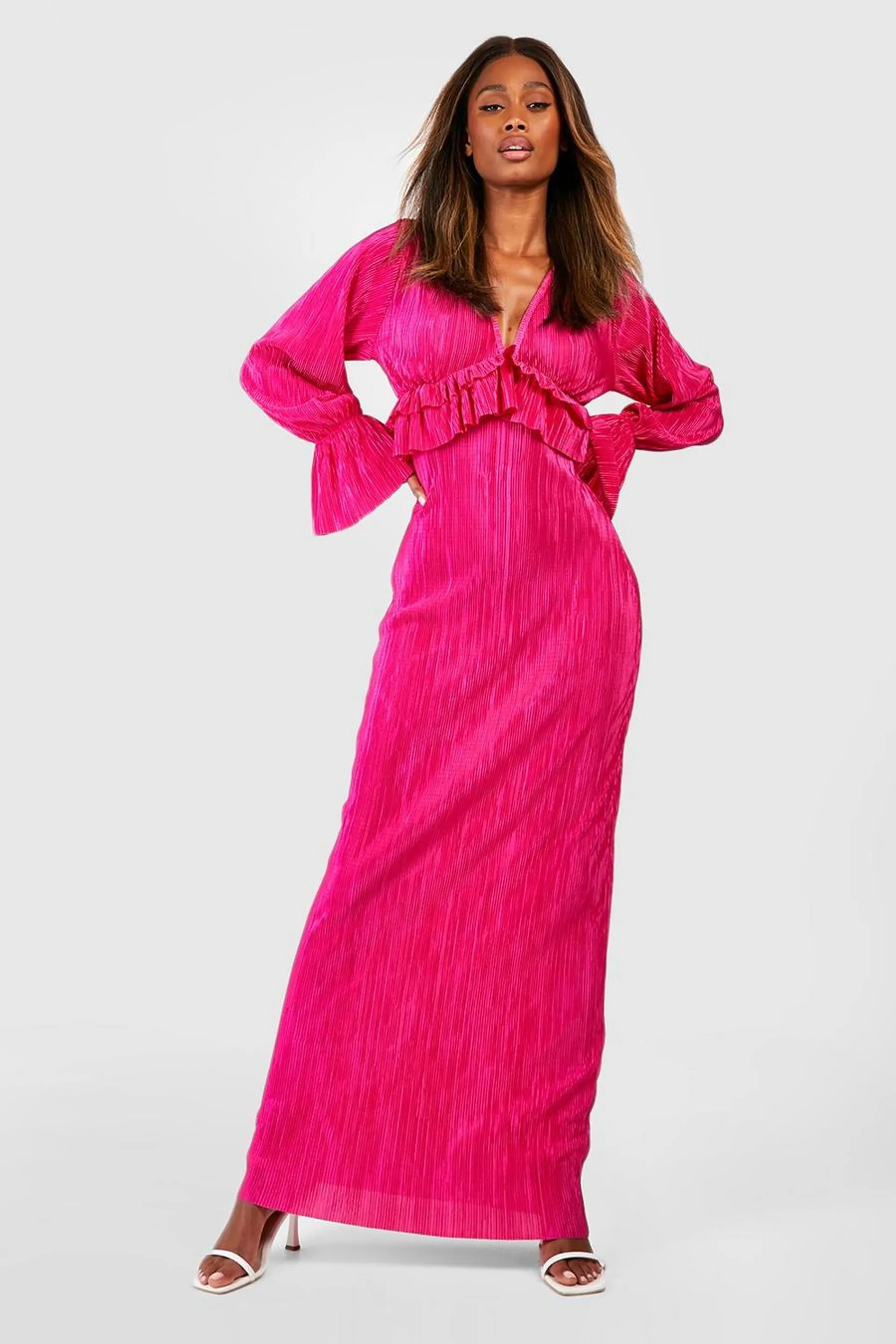 Plisse Long Sleeve Ruffle Detail Maxi Dress