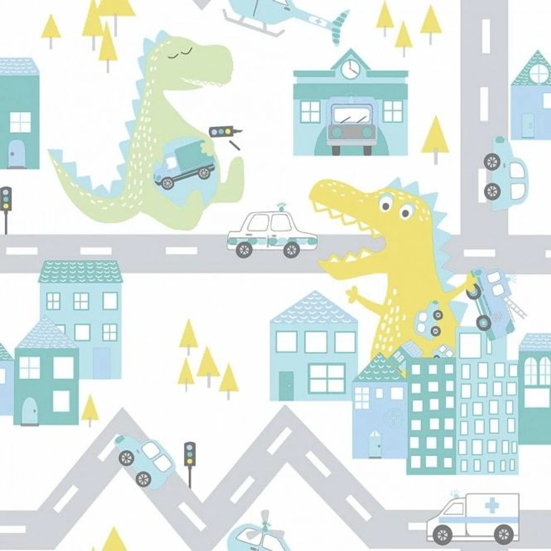 Dino Streets Childrens Wallpaper in Teal and lime and Multicoloured