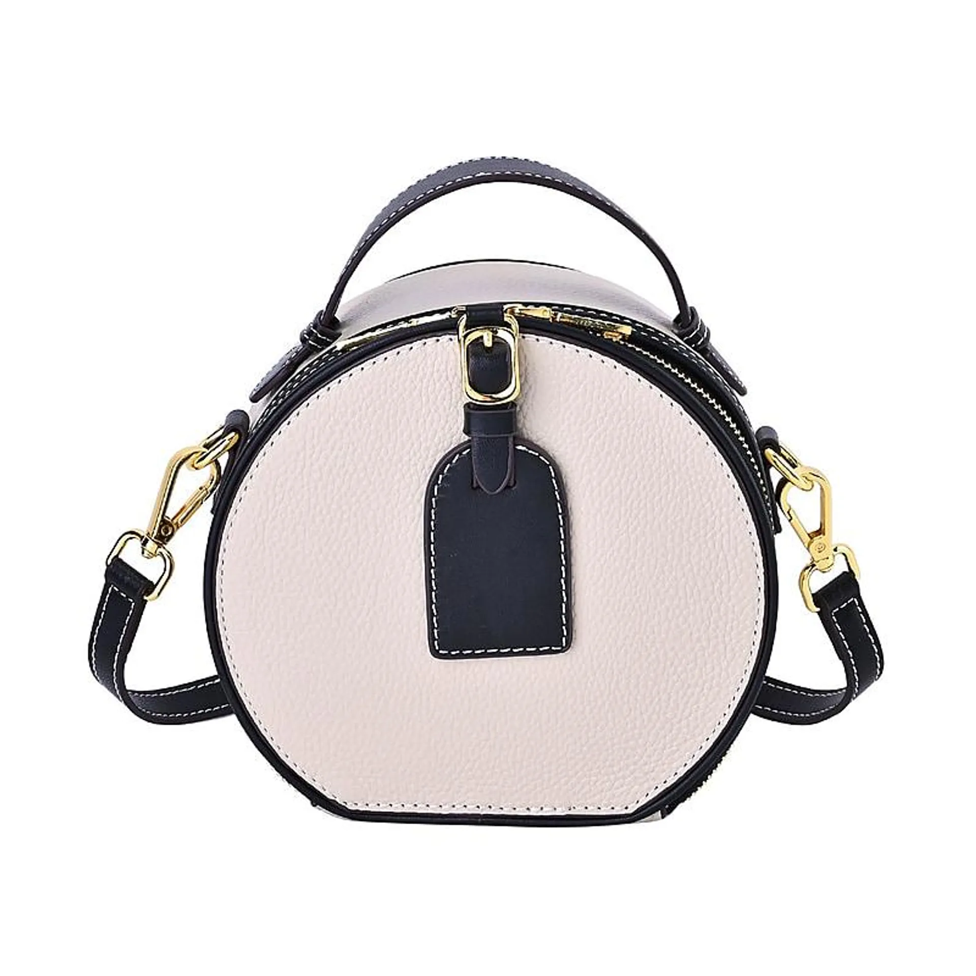 Hong Kong Closeout - Genuine Leather Round Crossbody Bag with Handle Drop - White