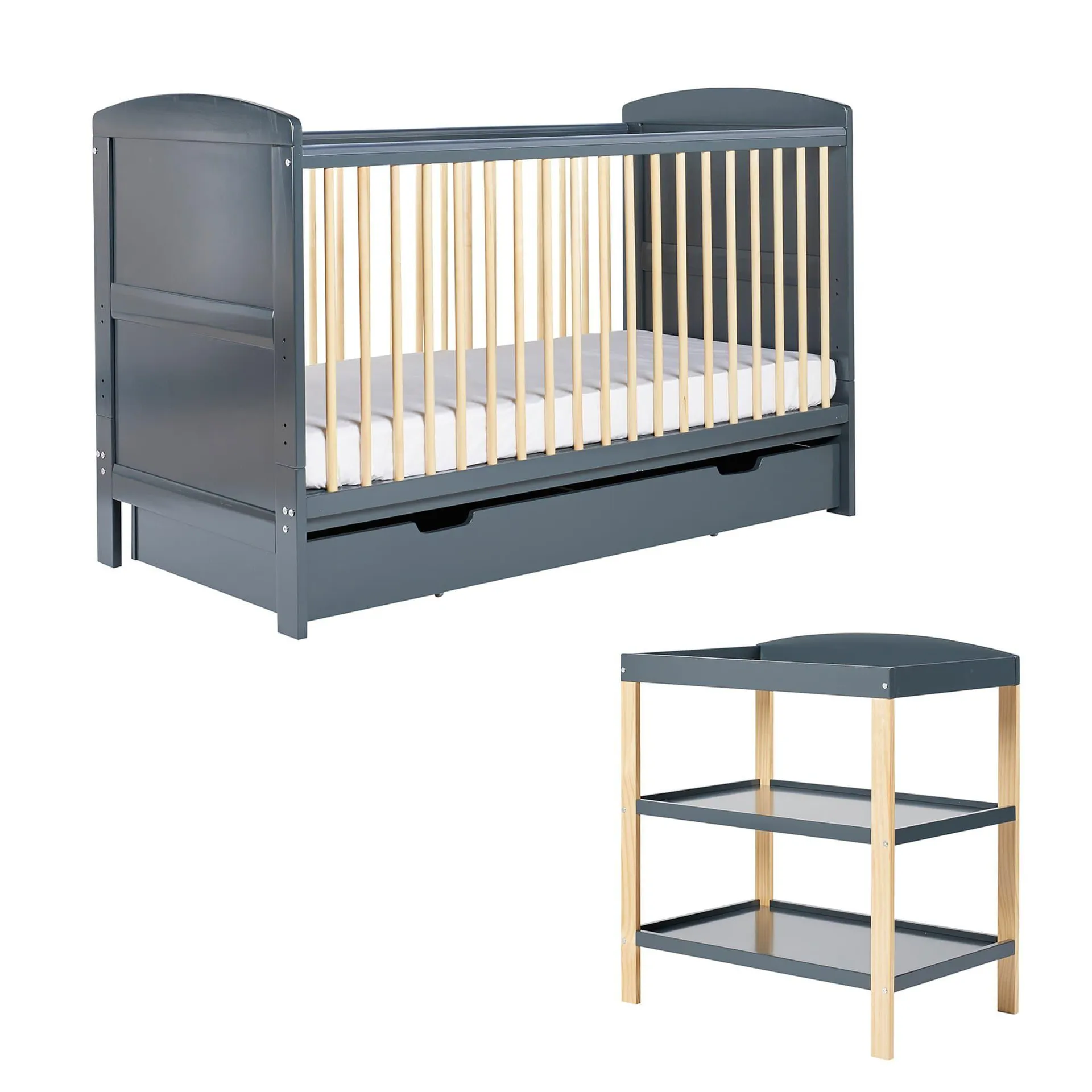 Ickle Bubba Coleby Classic Cot Bed with Drawer and Open Changer Scandi Grey