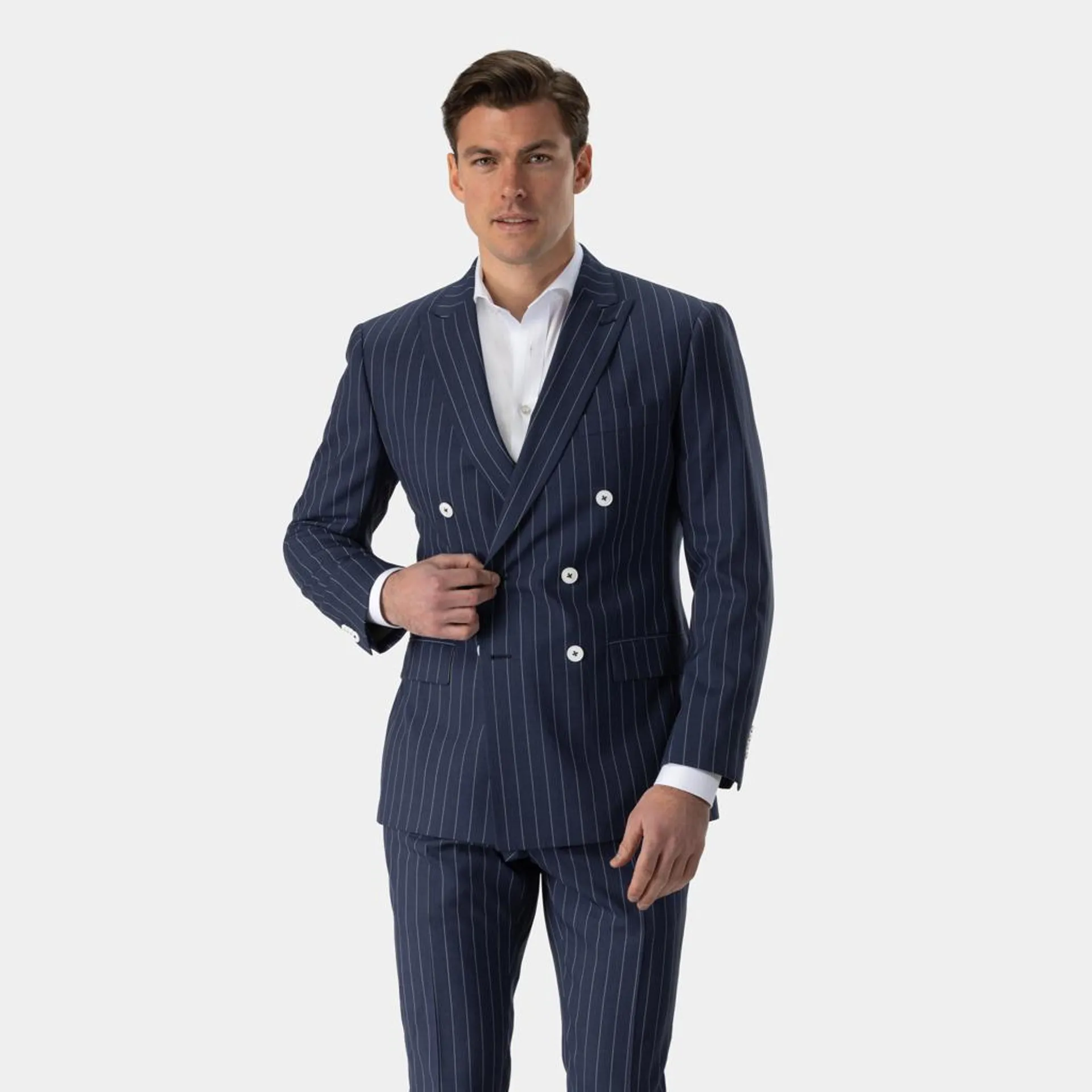 Blue three-piece striped suit