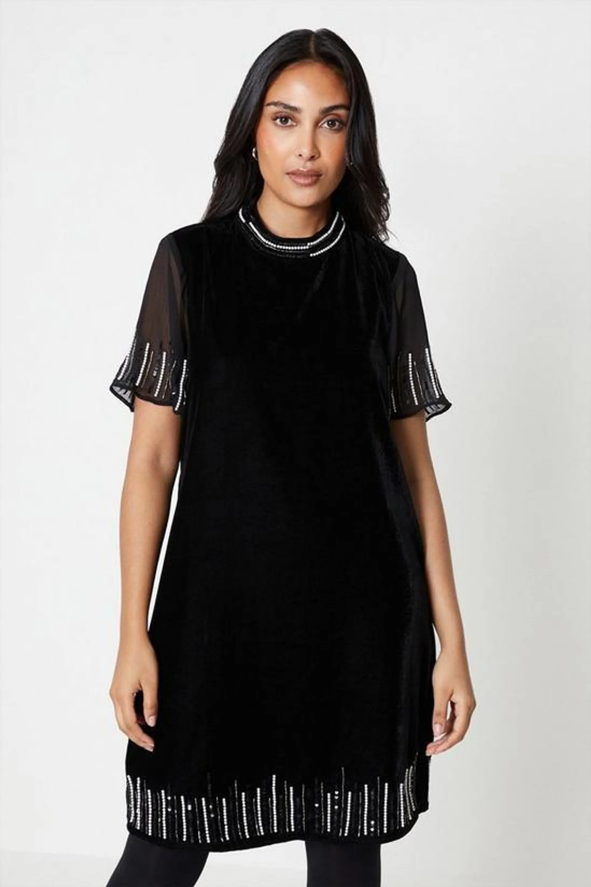 Petite Velvet Embellished Shift Dress