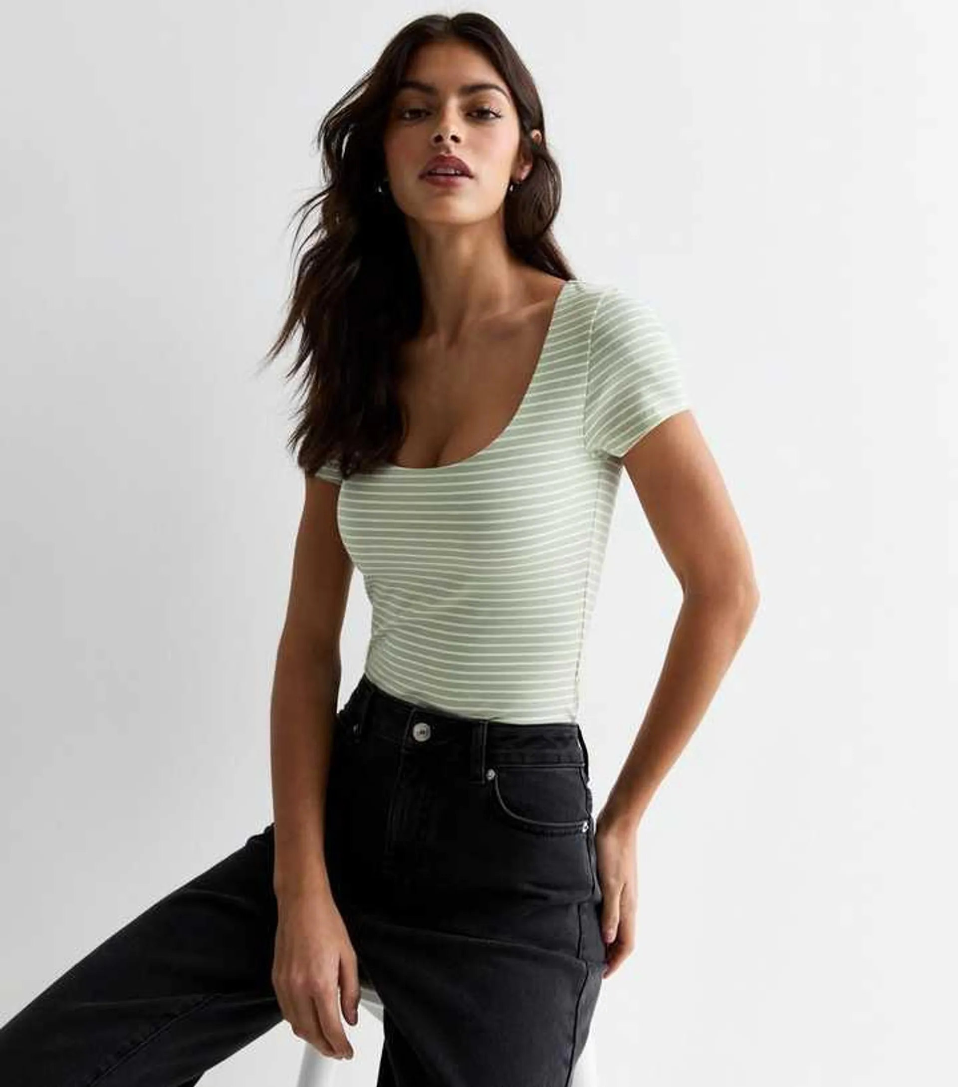 Green Stripe Cotton Scoop Neck Short Sleeve Bodysuit