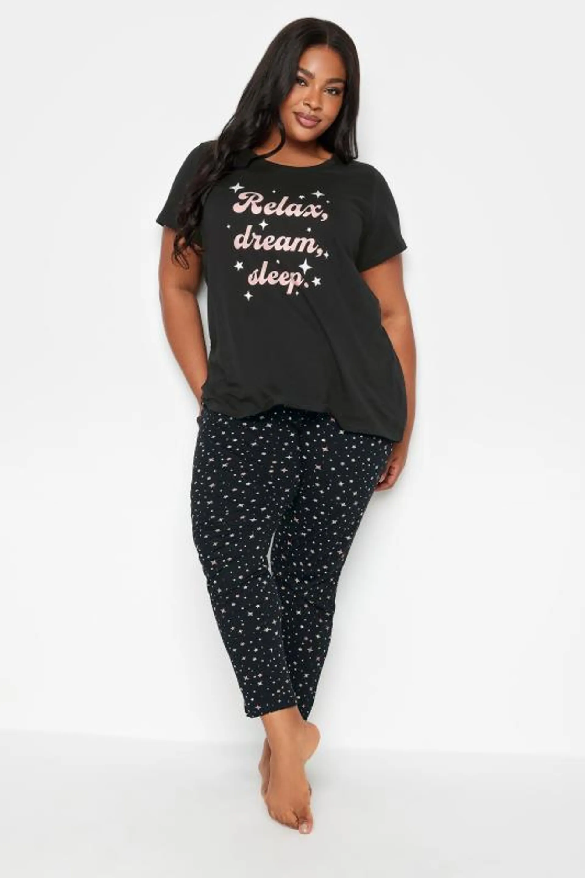 YOURS Curve Black 'Relax Dream Sleep' Star Print Pyjama Set