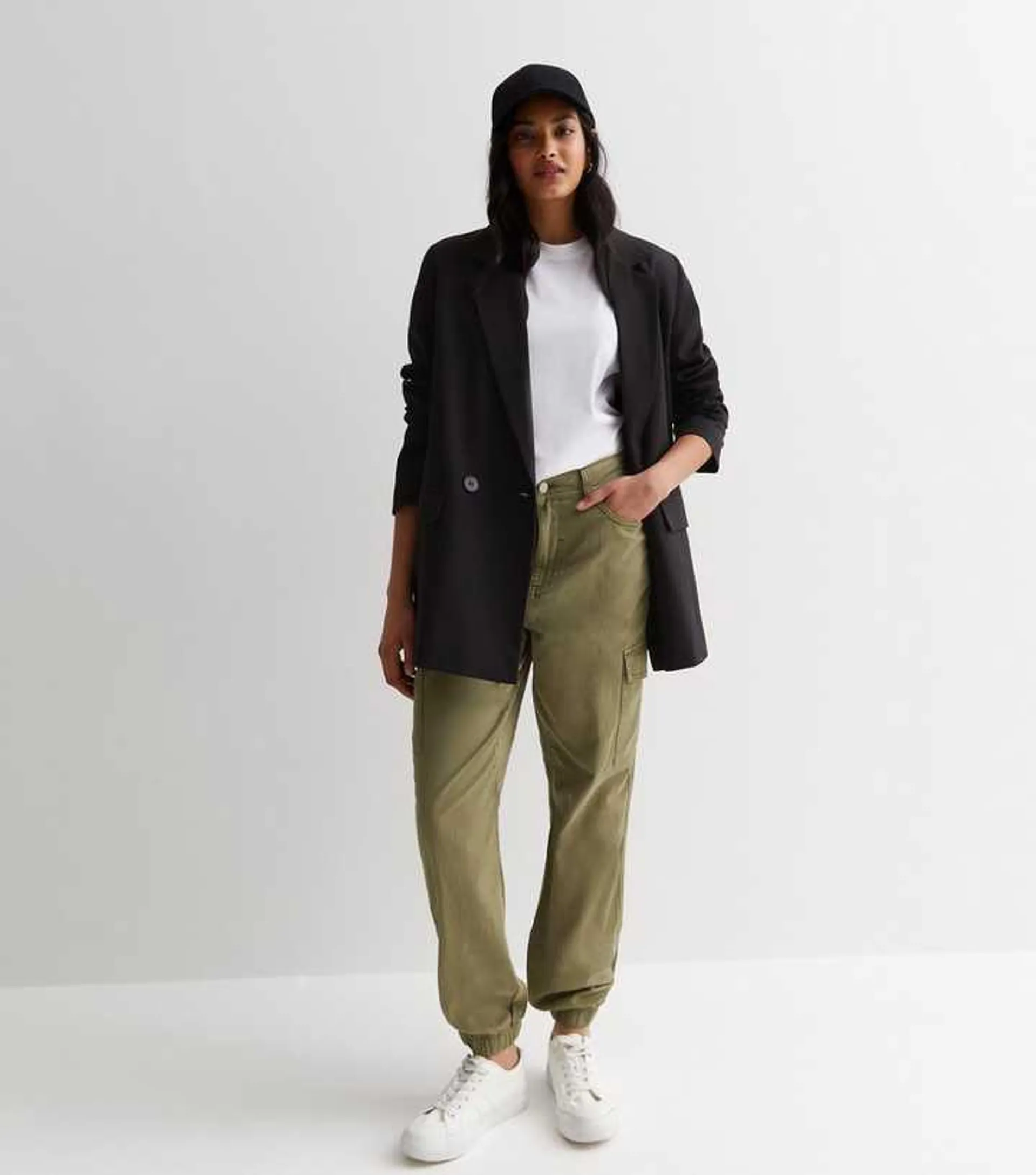 Khaki Denim Cuffed Cargo Trousers