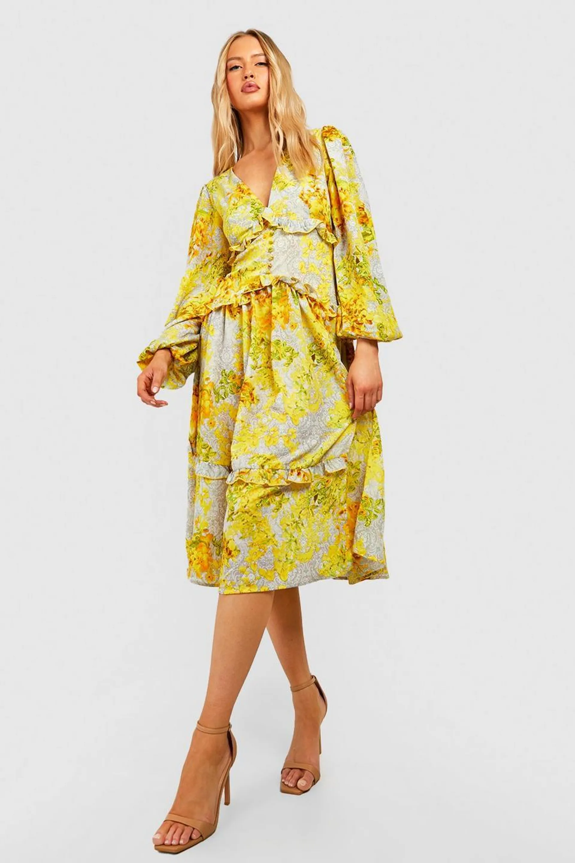 Tall Floral Ruffle Waist Detail Midi Dress