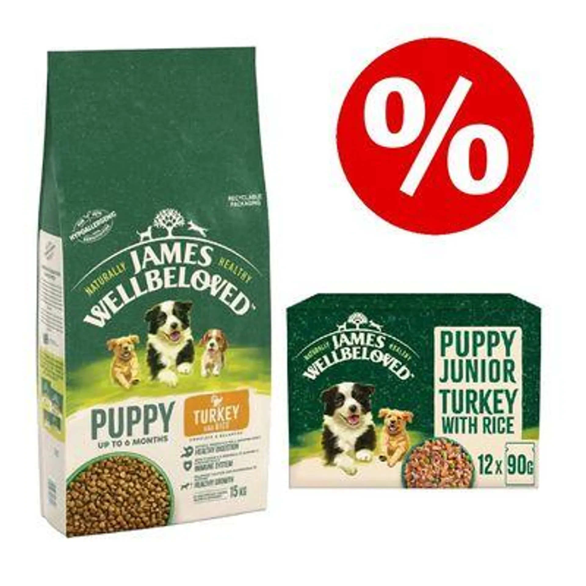 2kg James Wellbeloved Puppy Turkey + 12 x 90g Pouches - Bundle Price!*