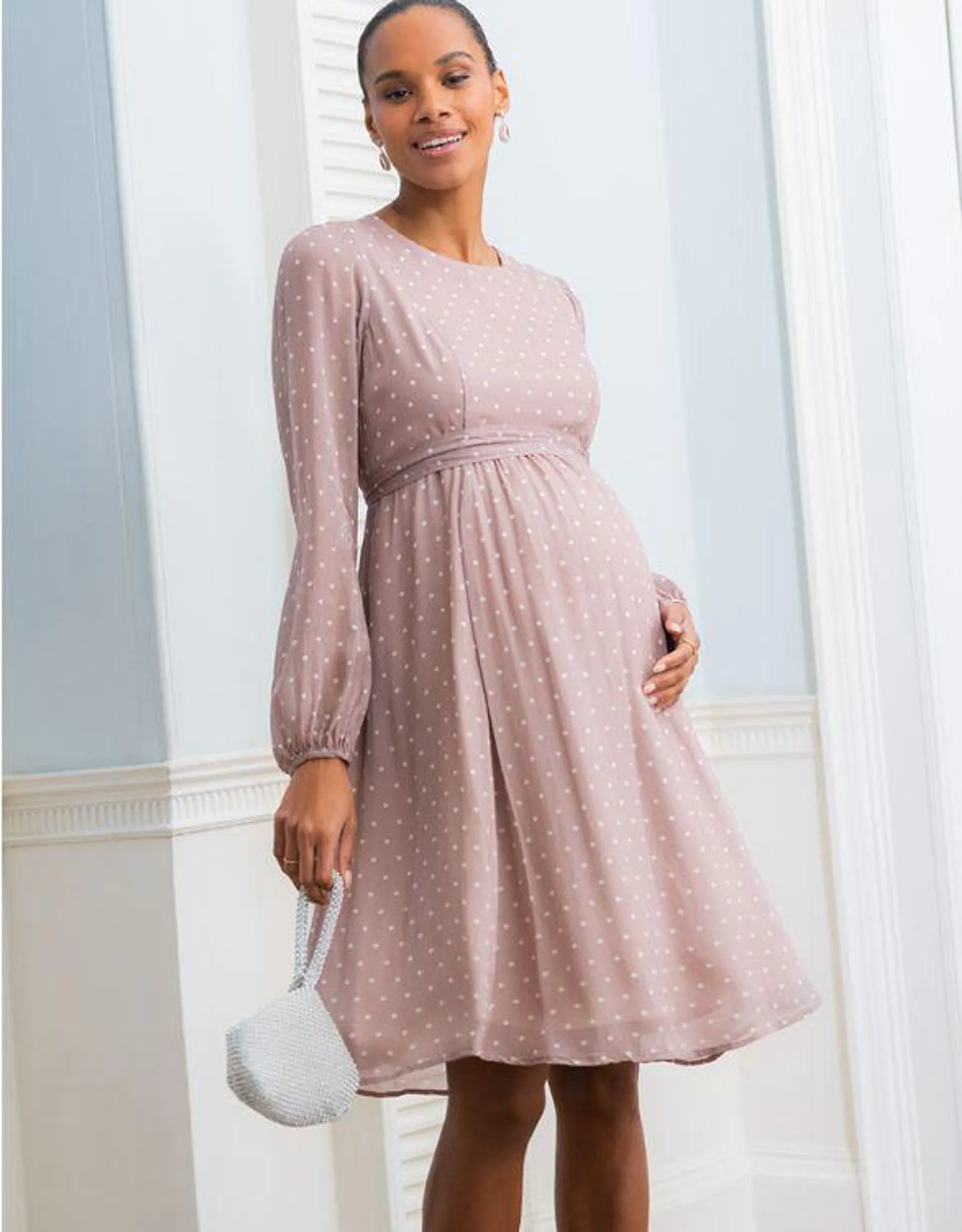 Taupe & White Spot Chiffon Maternity to Nursing Dress