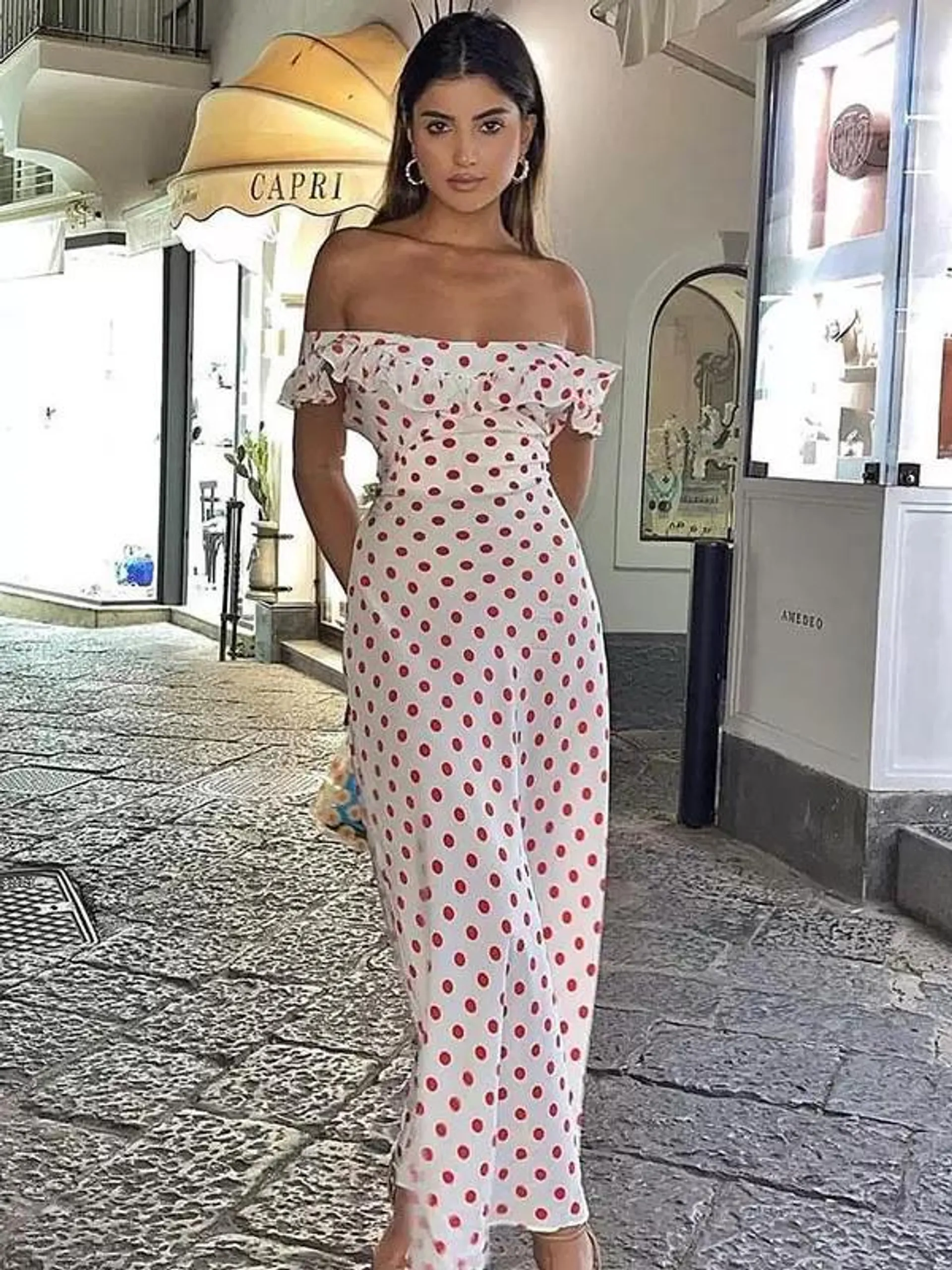 Summer Dress Maxi Dresses White Bateau Neck Ruffles Polka Dot Polyester Beach Dress