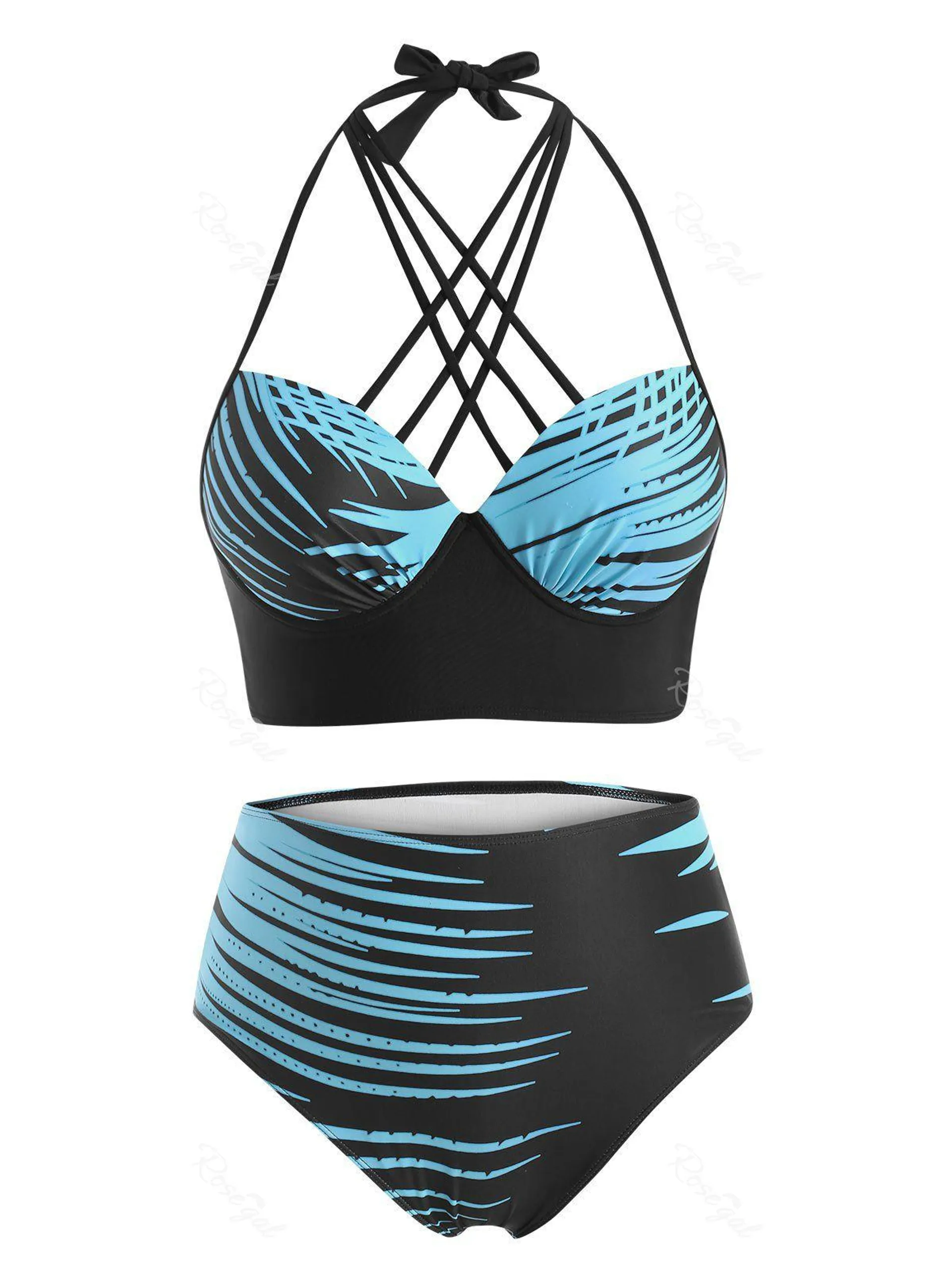 Plus Size Halter Lattice Abstract Print Push Up Bikini Swimwear - 3x