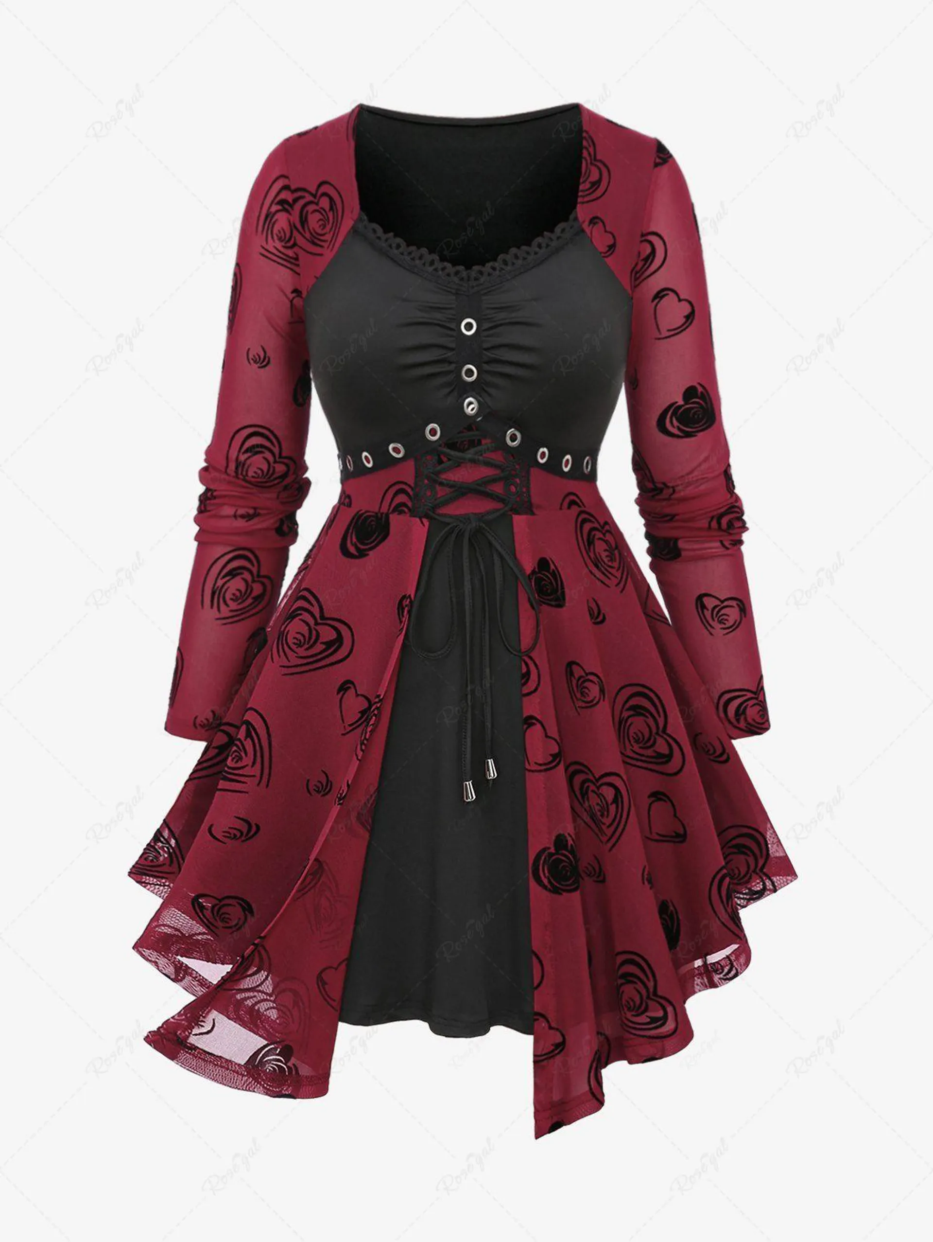 Plus Size Lace Up Grommets Rose Flower Heart Flocking Mesh Ruched Asymmetrical Long Sleeve 2 In 1 Top - 3x | Us 22-24