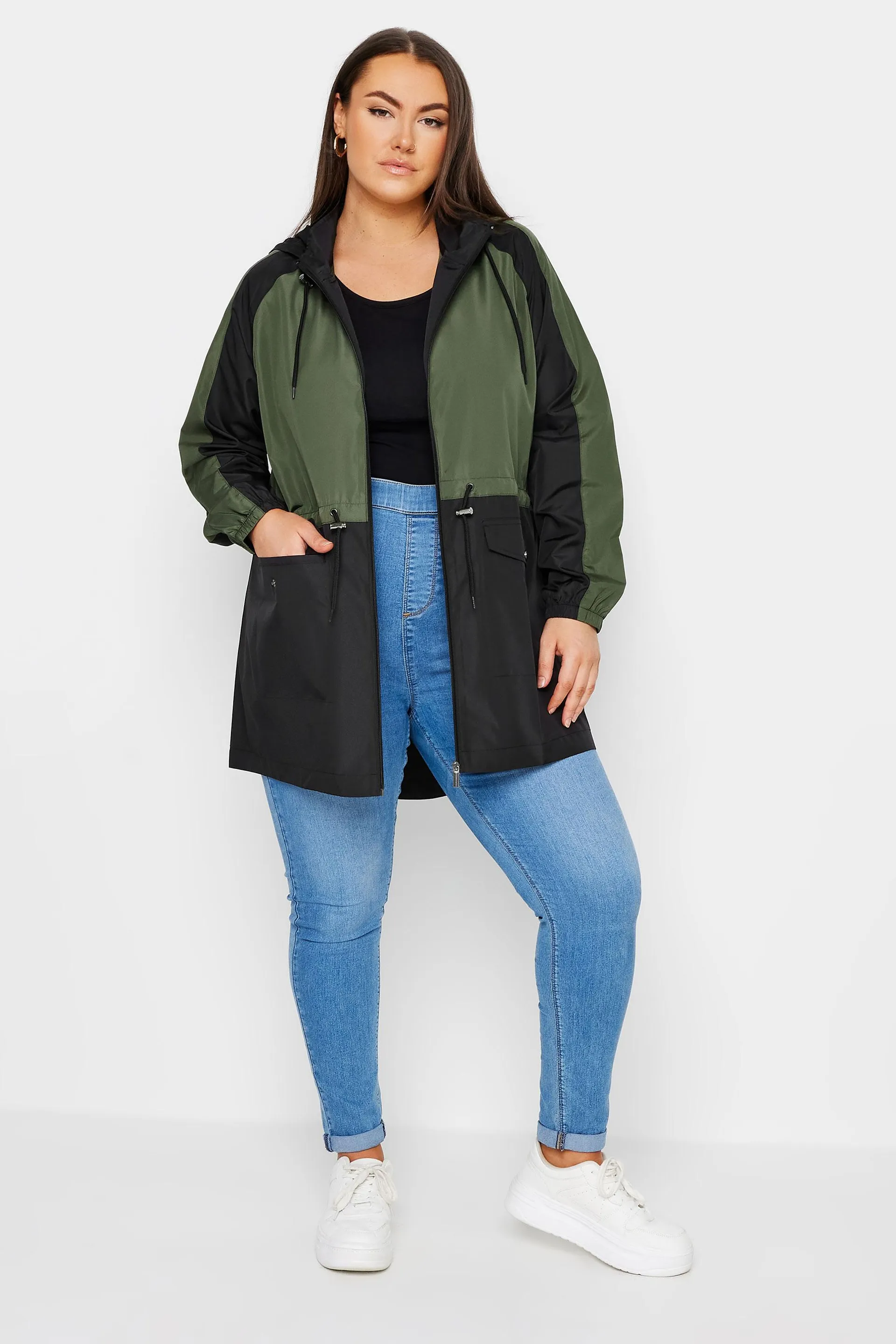 YOURS Curve Khaki Green Colour Block Drawstring Lightweight Parka Jacket