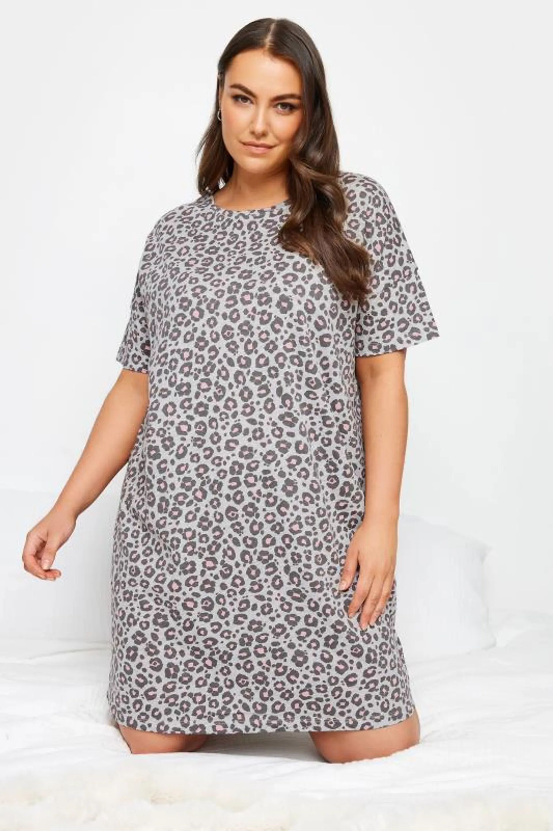 YOURS Curve Grey Leopard Print Sleep Tee Nightdress