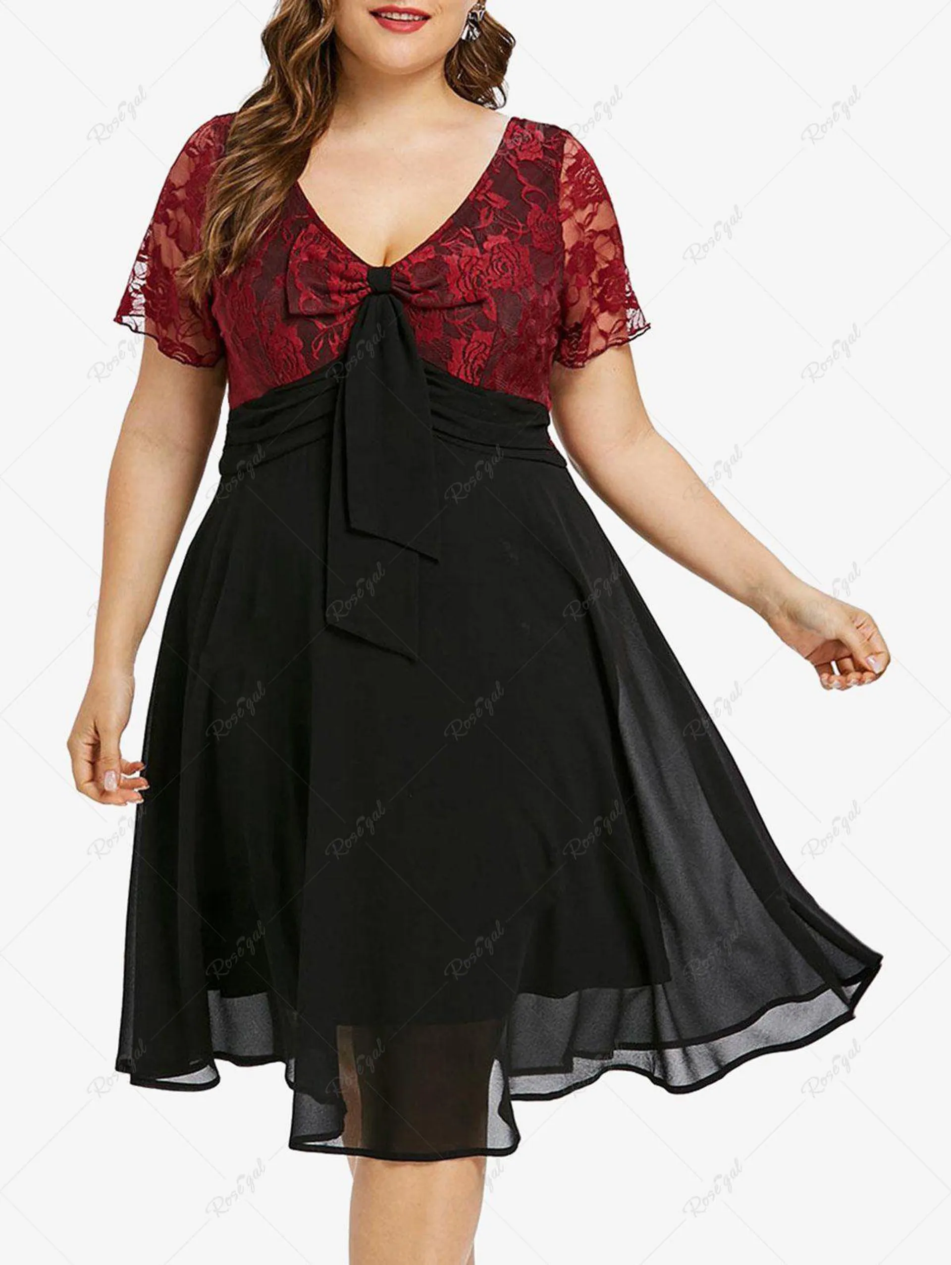 Plus Size Floral Lace Bowknot Embellished Layered Dress - 2x | Us 18-20