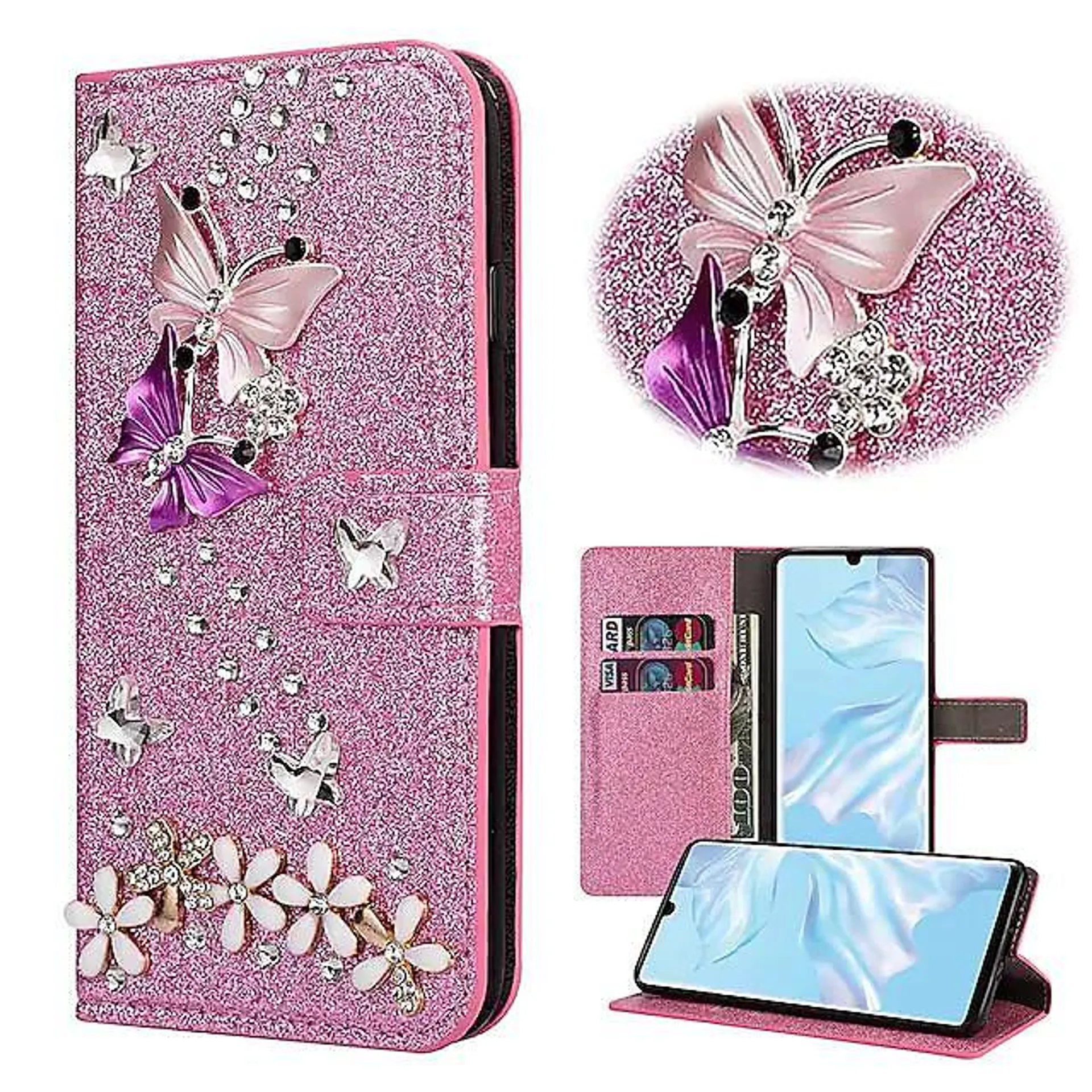 Phone Case For Samsung Galaxy Wallet Case S23 S22 S21 S20 Plus Ultra A14 A34 A54 A73 A53 A33 Note 20 Ultra Rhinestone Magnetic Glitter Shine Butterfly Glitter Shine PU Leather