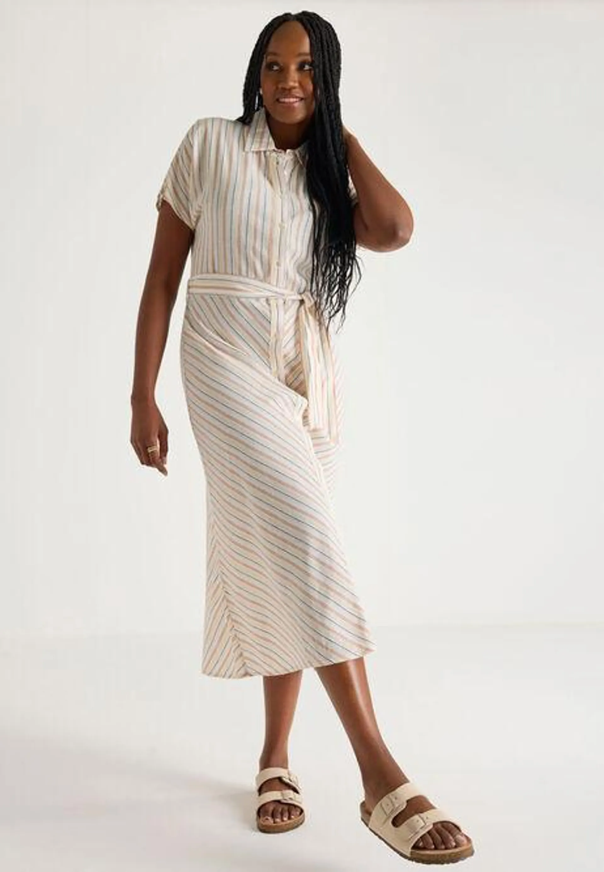 Womens Cream Stripe Shirt Dress