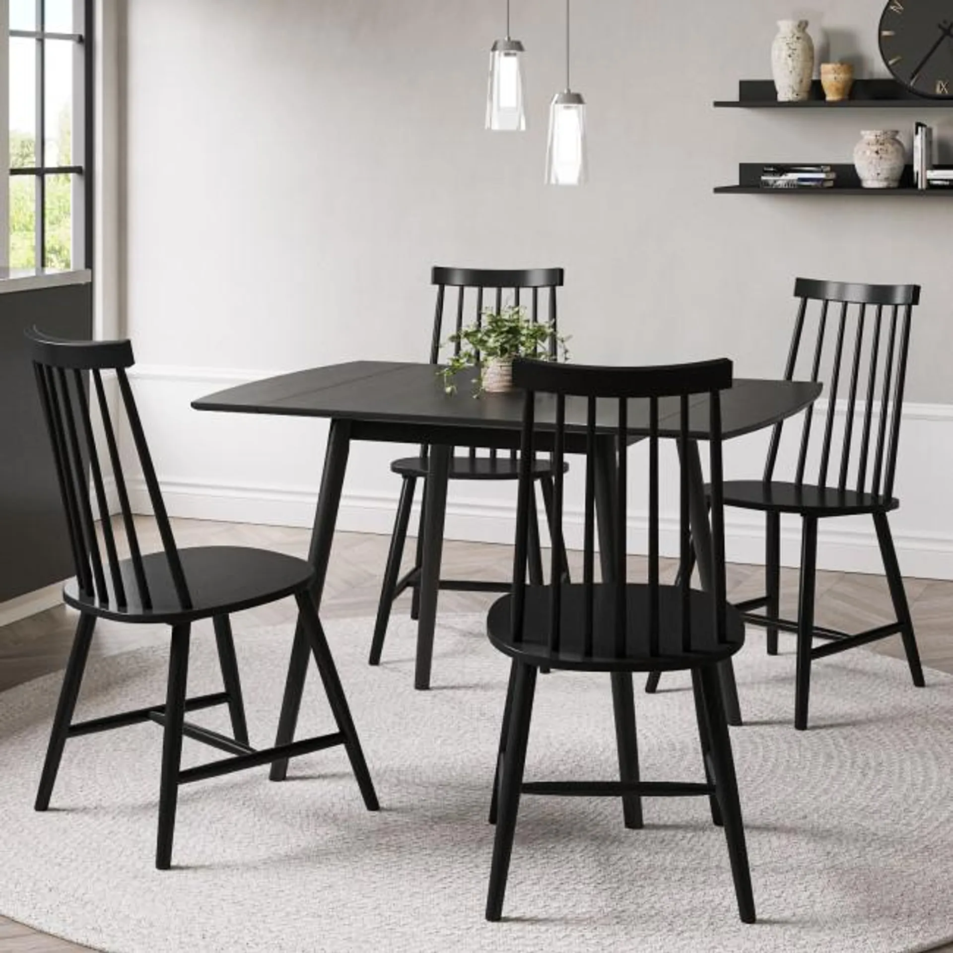 Black Drop Leaf Dining Table with 4 Black Spindle Dining Chairs- Olsen