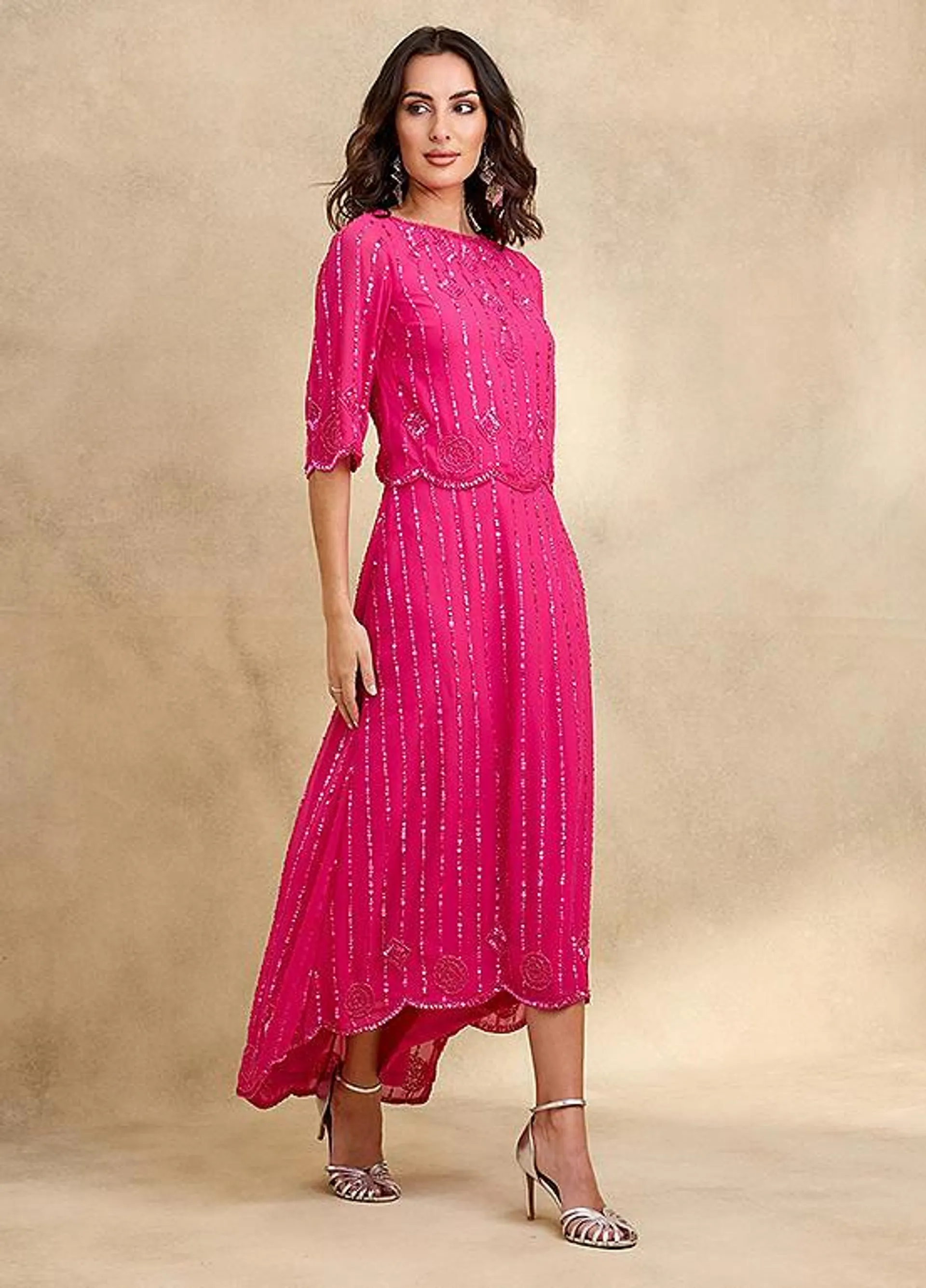 Together Raspberry Beaded Hi-Low Hem Maxi Dress