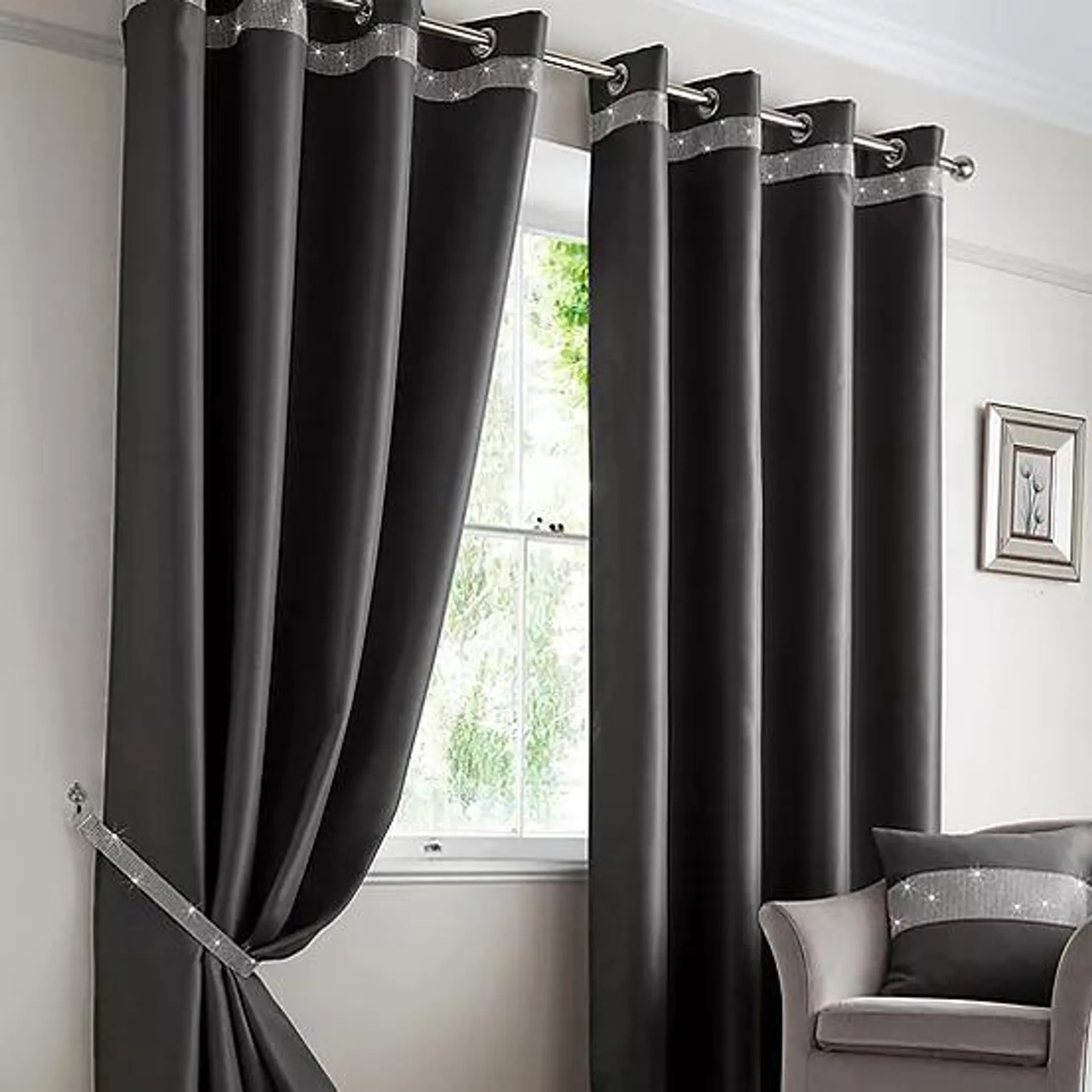 Alan Symonds Palace Diamante Border Blackout Pair of Eyelet Curtains