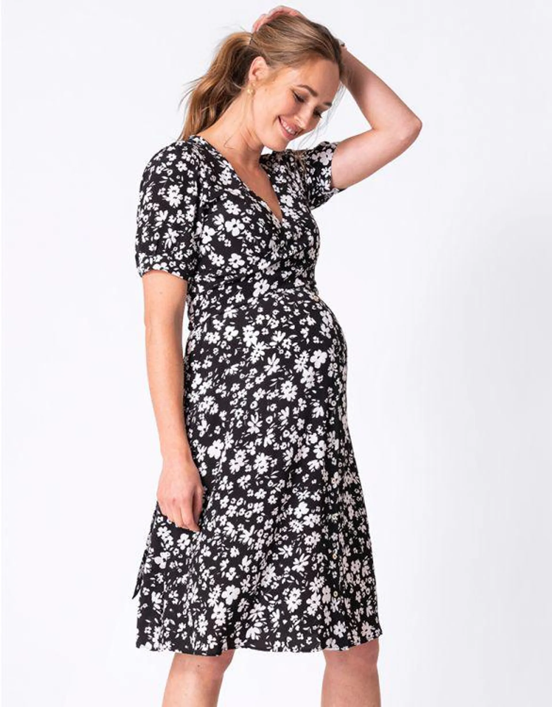 Black Floral Print Maternity & Nursing Dress