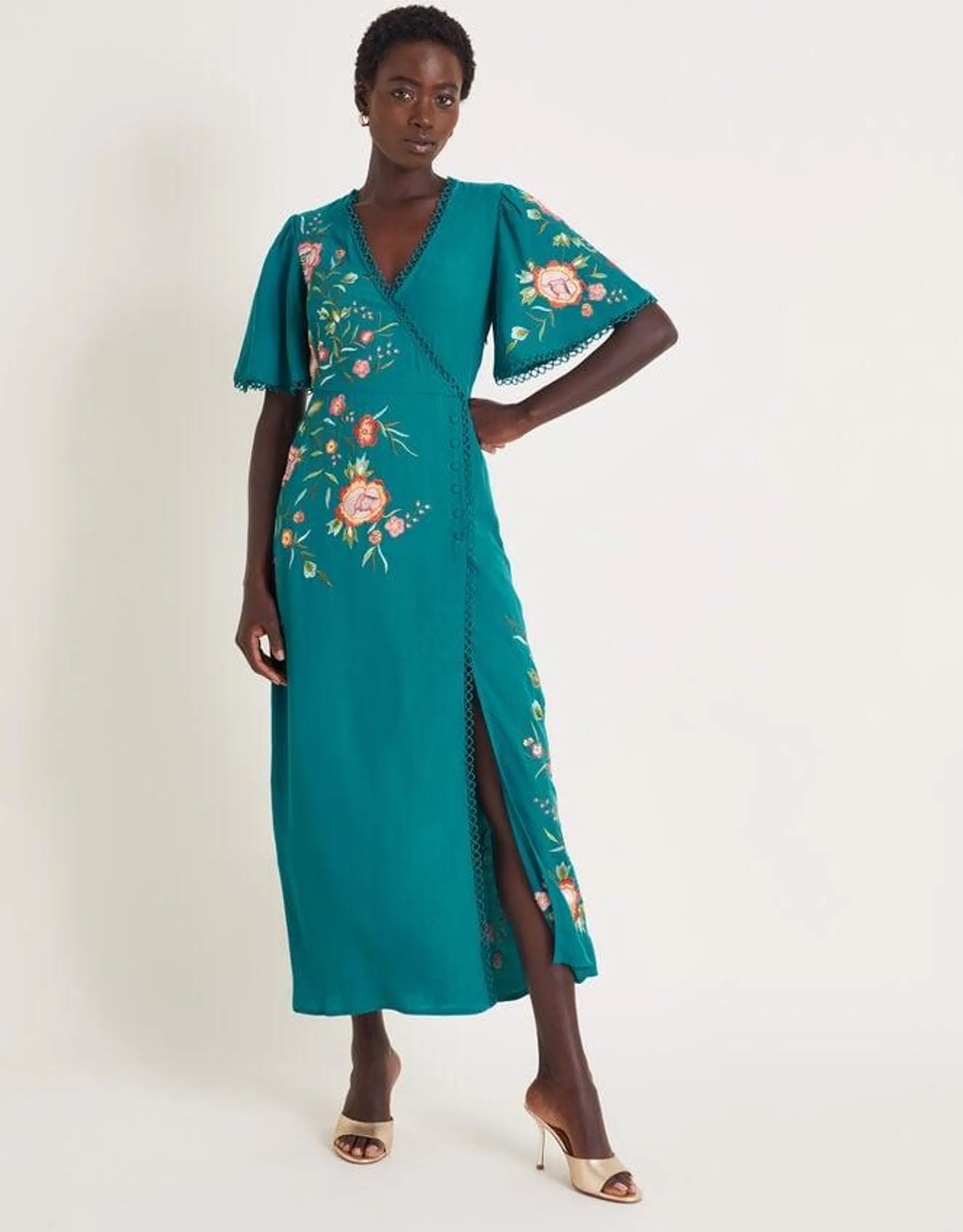 Maya Floral Embroidered Midi Dress Teal