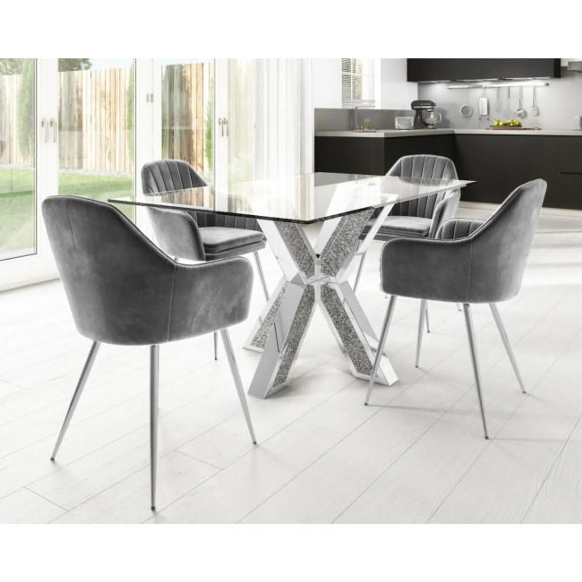 Rectangle Glass Top Dining Table with 4 Grey Velvet Tub Dining Chairs - Jade Boutique