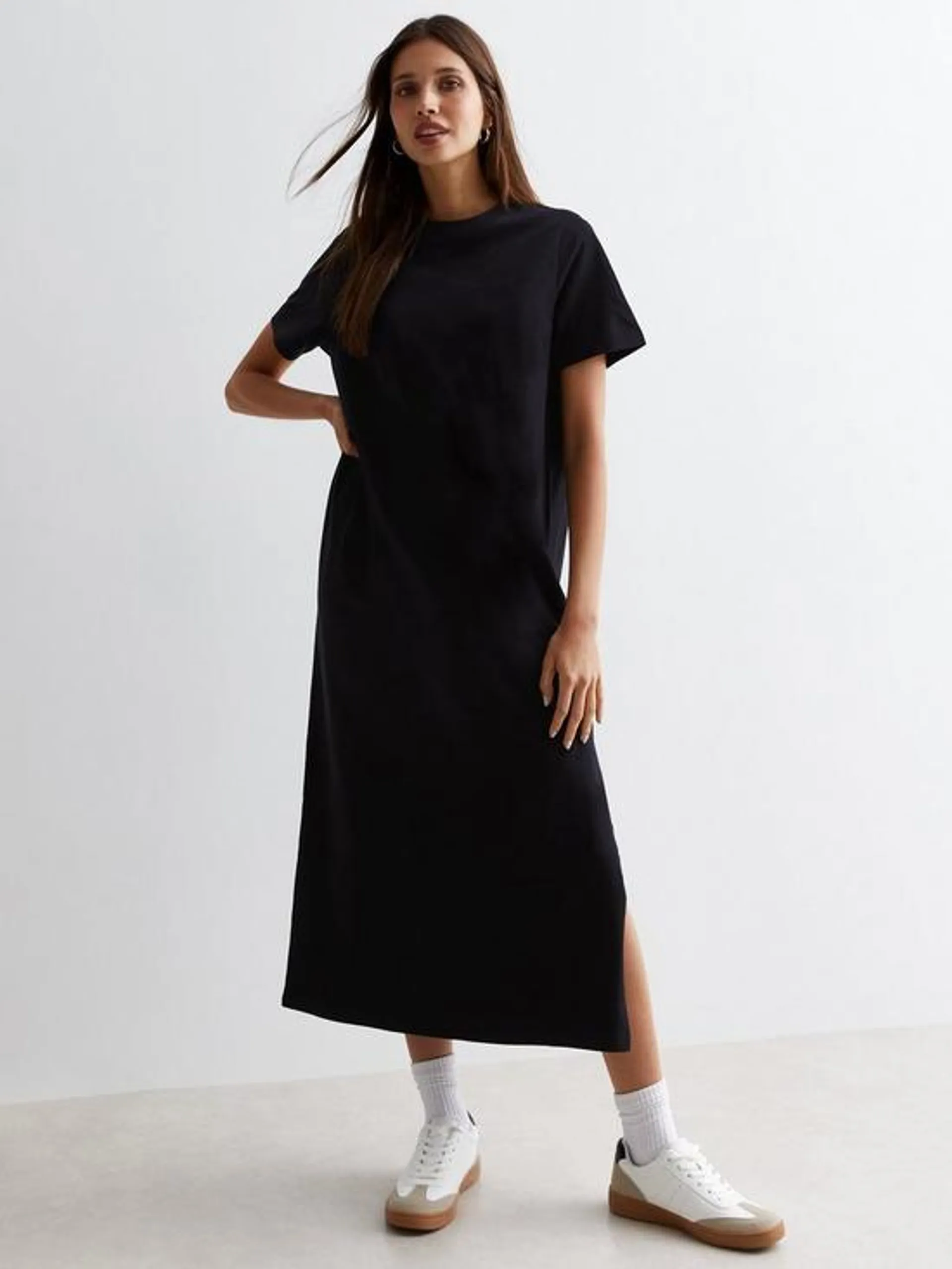 Black Cotton Split Hem Midi T-shirt Dress