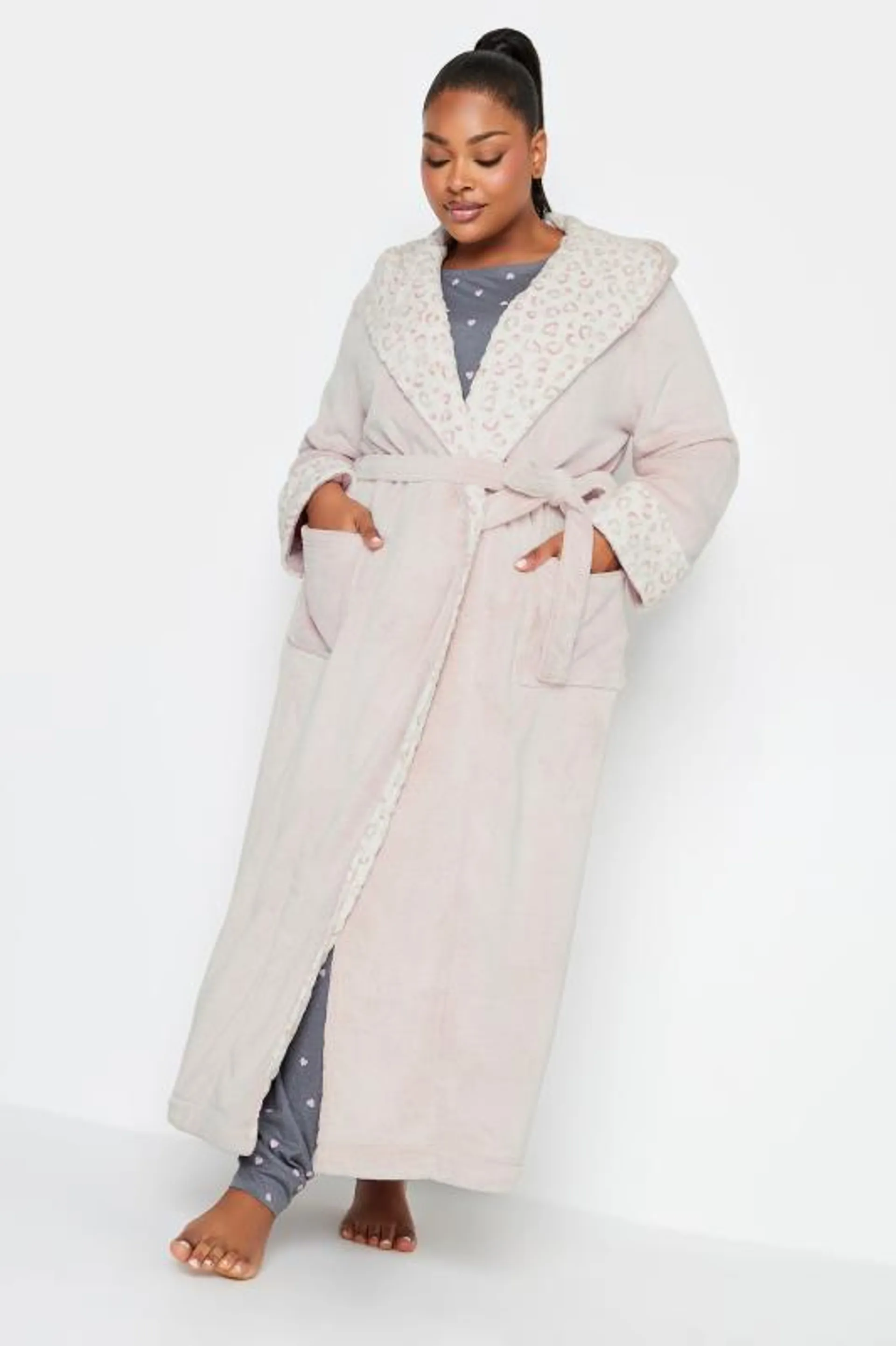 YOURS Curve Light Pink Animal Print Hooded Maxi Dressing Gown