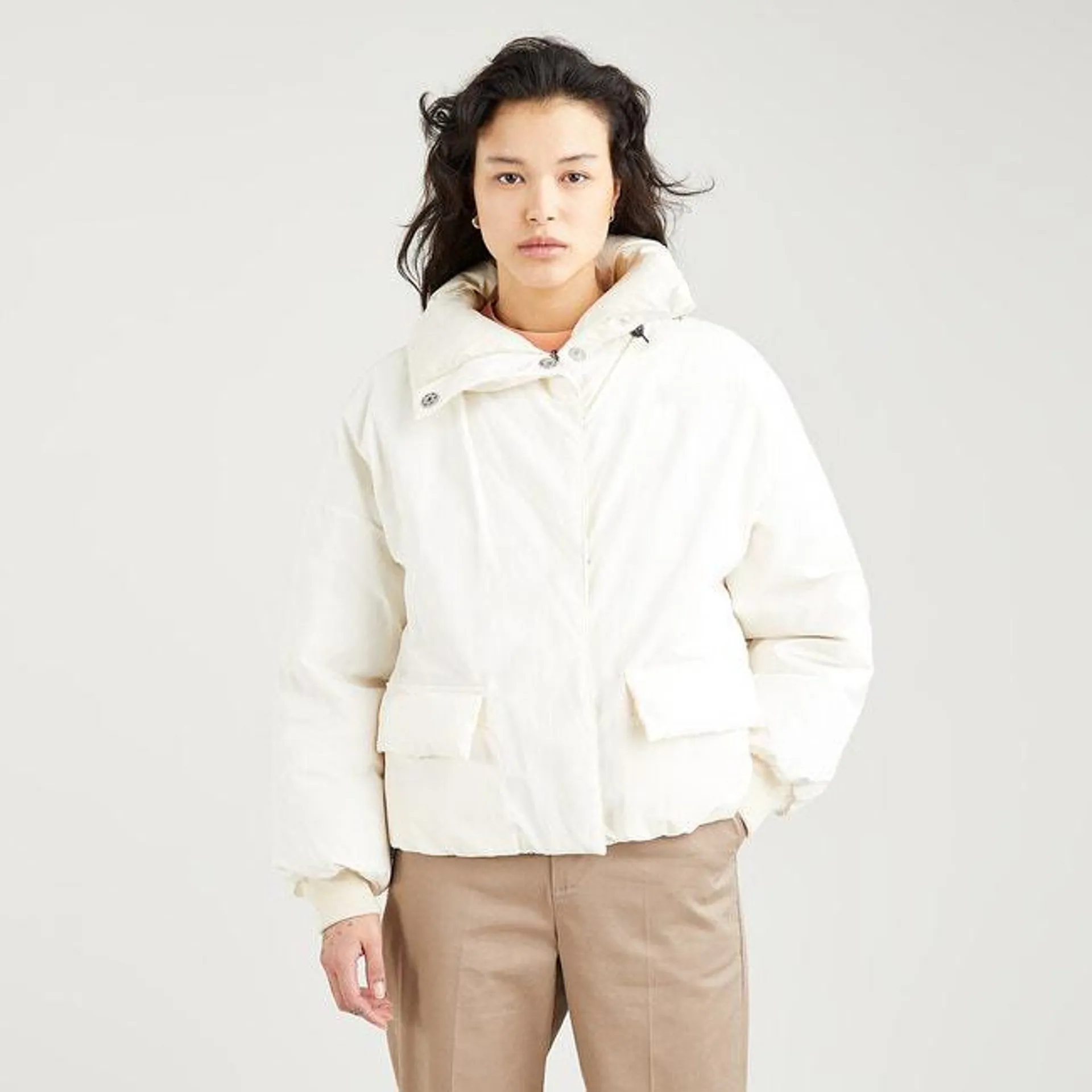 Short Padded Jacket in Cotton Mix with High Neck