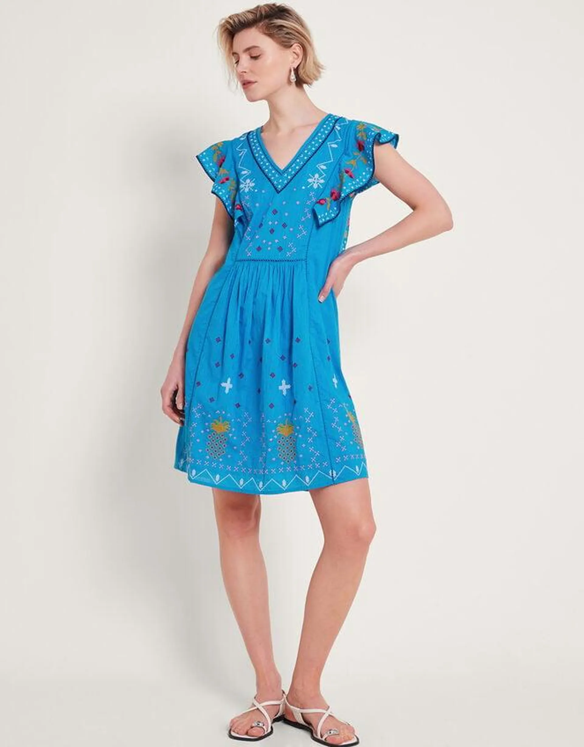 Prue Pineapple Embroidered Ruffle Dress Blue