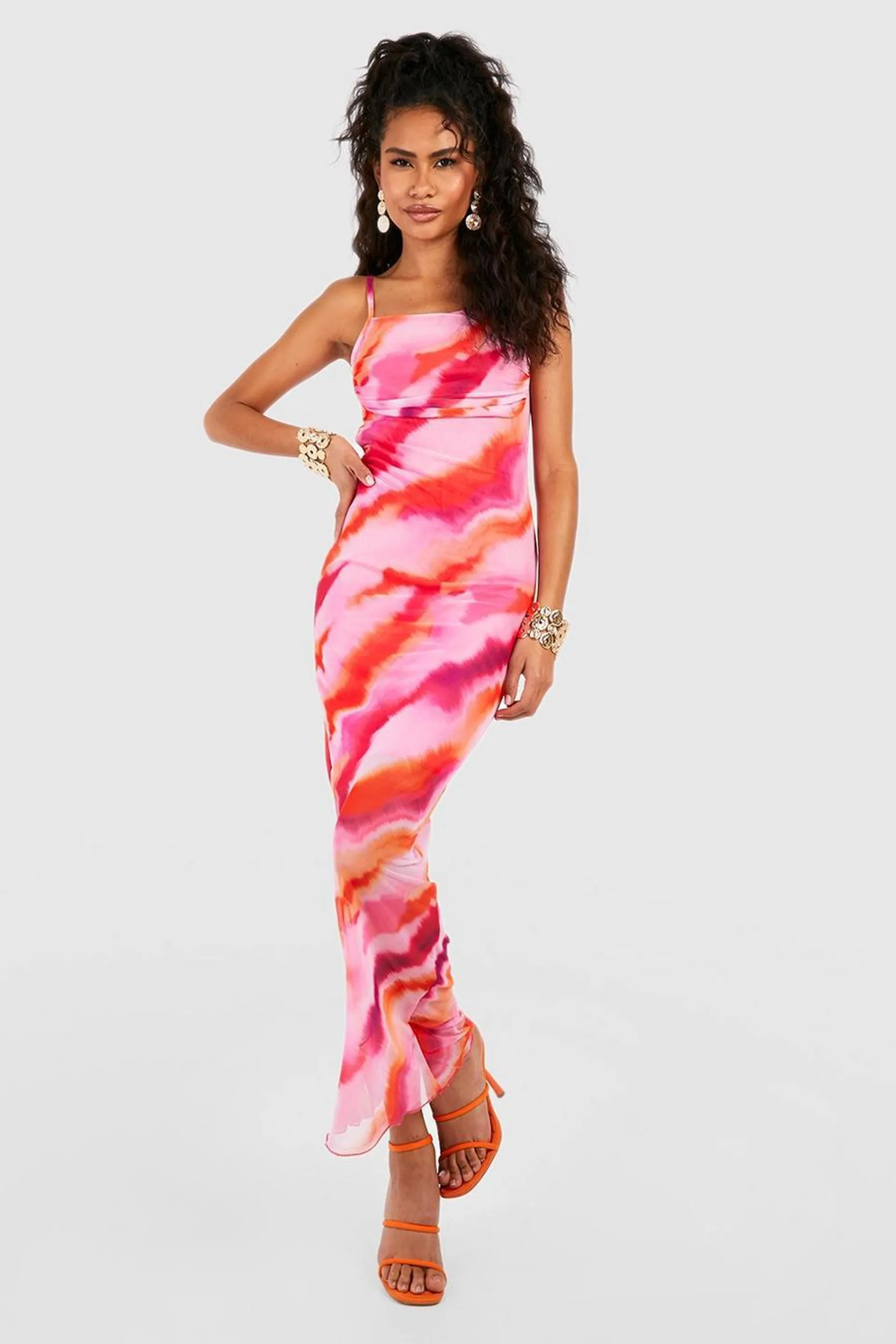 Abstract Print Mesh Maxi Slip Dress