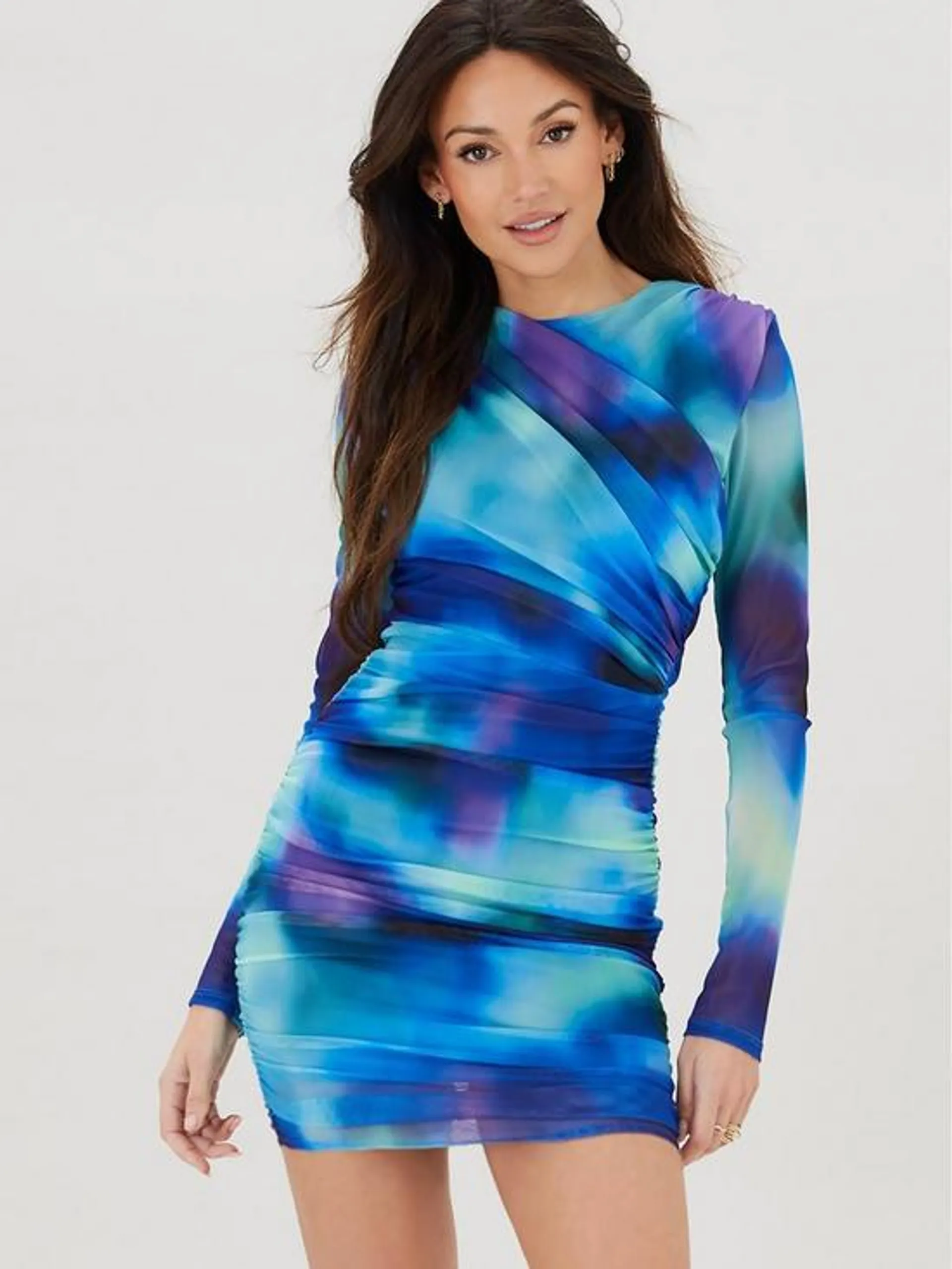 Michelle Keegan Ruched Detail Printed Mini Dress - Blue