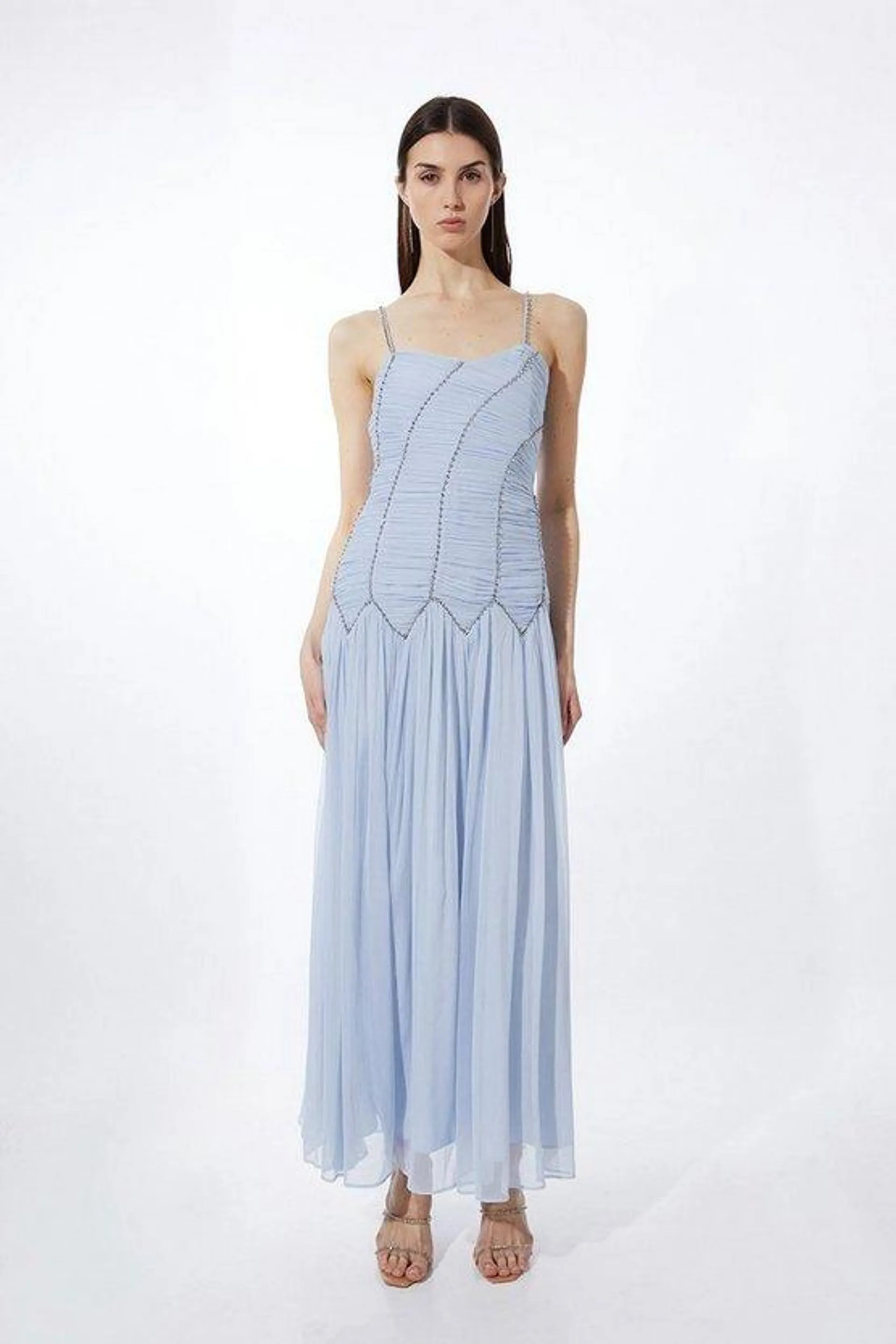 Strappy Embellished Ruched Georgette Woven Maxi Dress