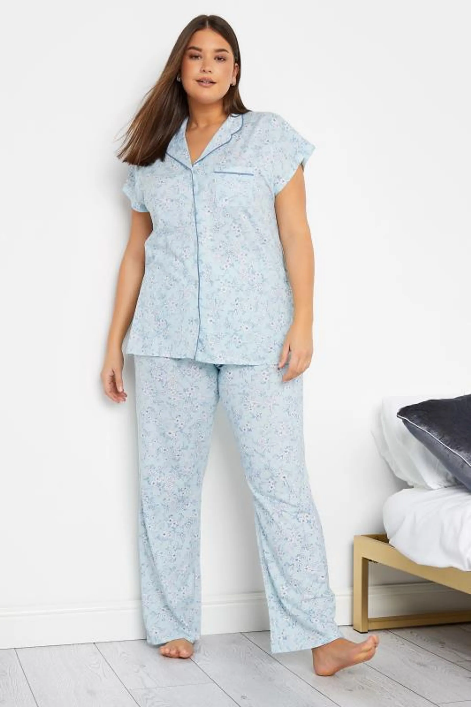 LTS Tall Light Blue Floral Print Cotton Pyjama Set