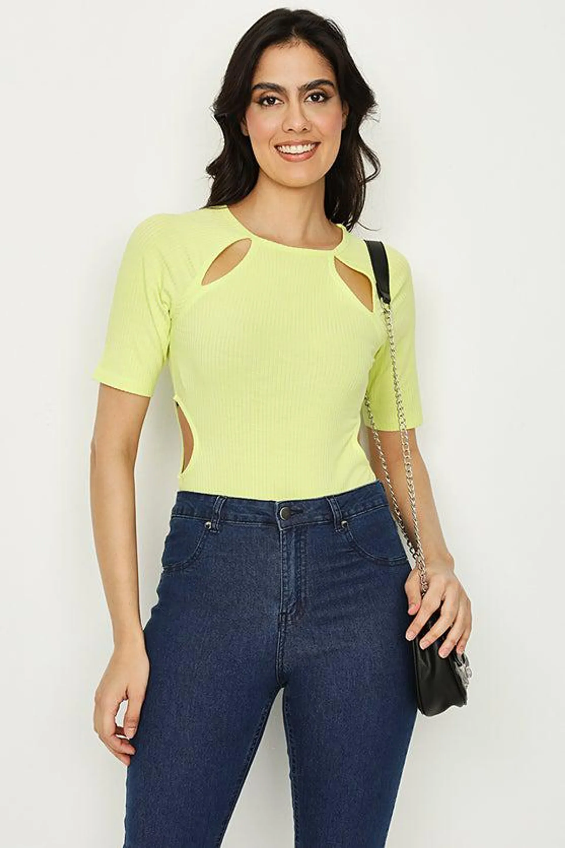 Washed Lime Cut Out Short Sleeve Rib Bodysuit