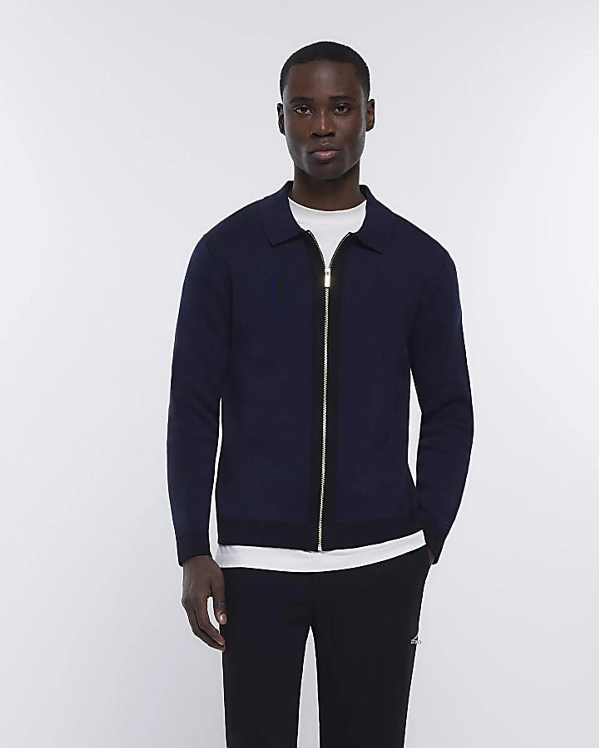 Navy slim fit zip up jumper