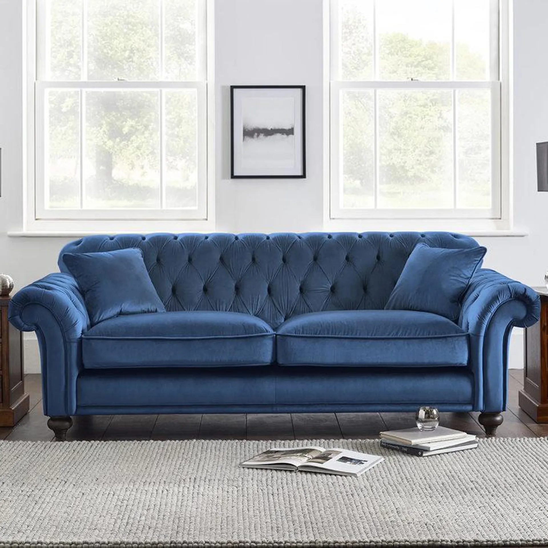 Bordeaux Button Back Blue Velvet 3 Seater