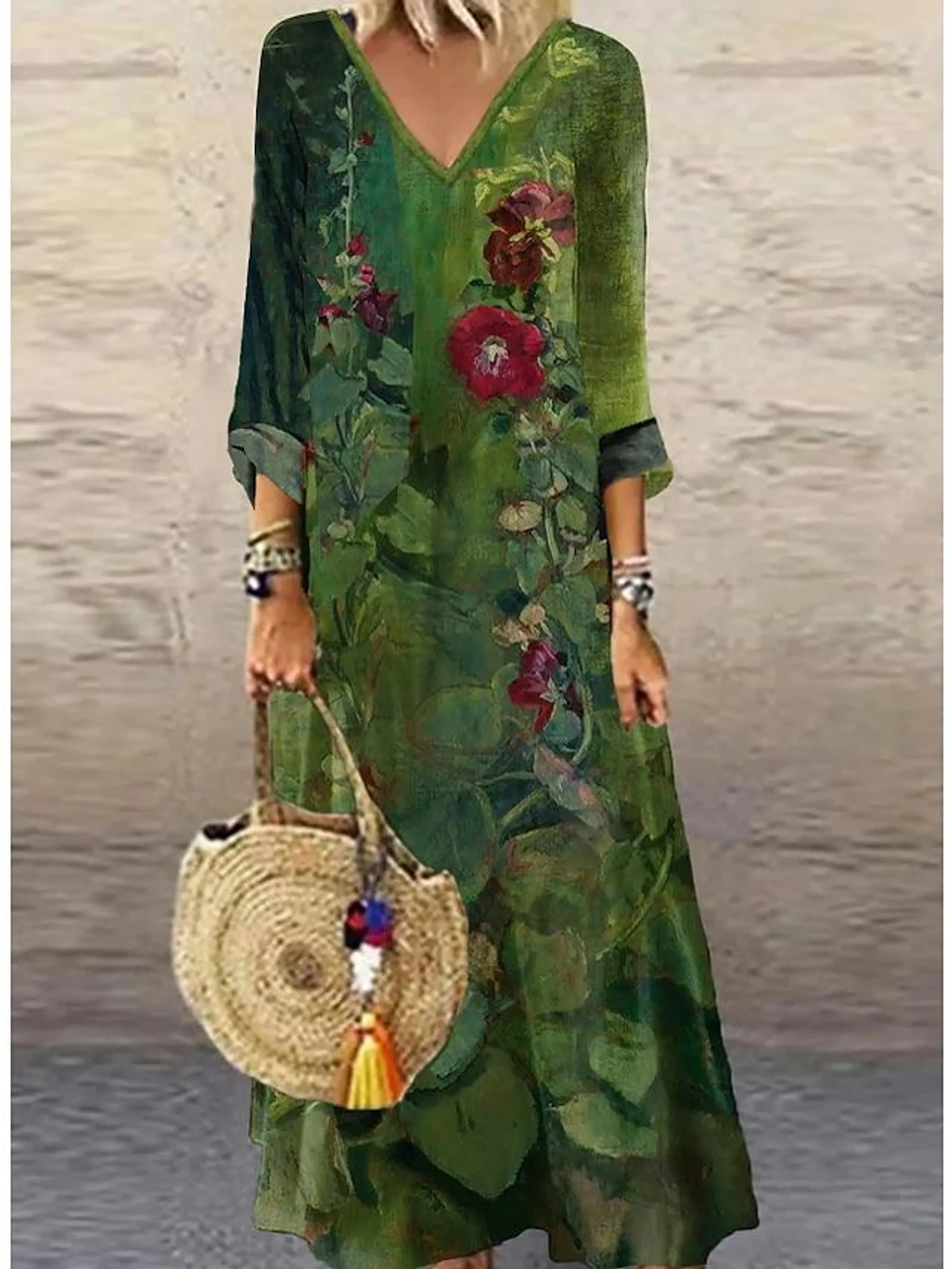 Women's Casual Dress Ethnic Dress Long Dress Maxi Dress Green 3/4 Length Sleeve Floral Print Summer Spring Fall V Neck Classic Vacation 2023 S M L XL XXL 3XL 4XL