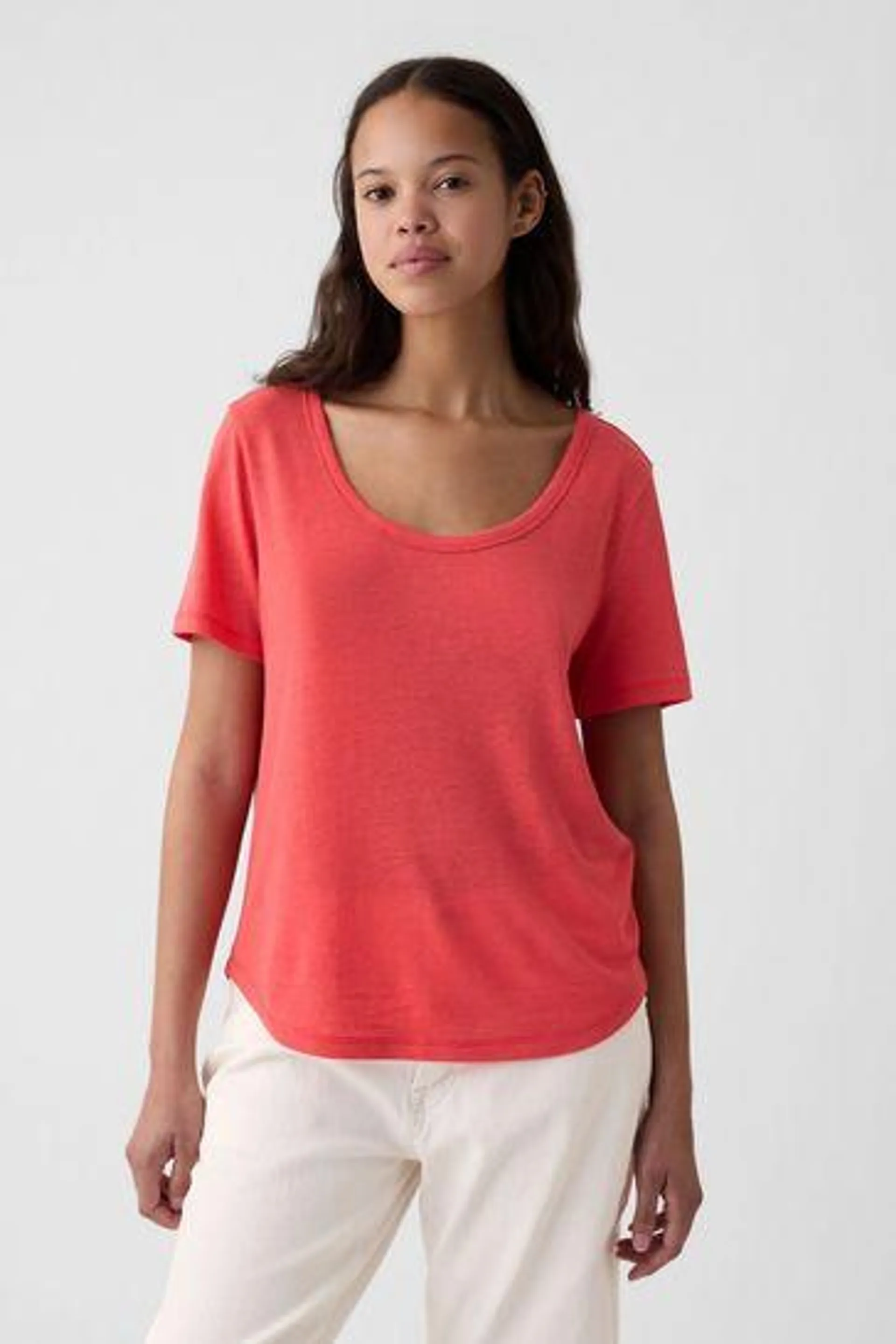 Linen Blend Short Sleeve Scoop Neck T-Shirt