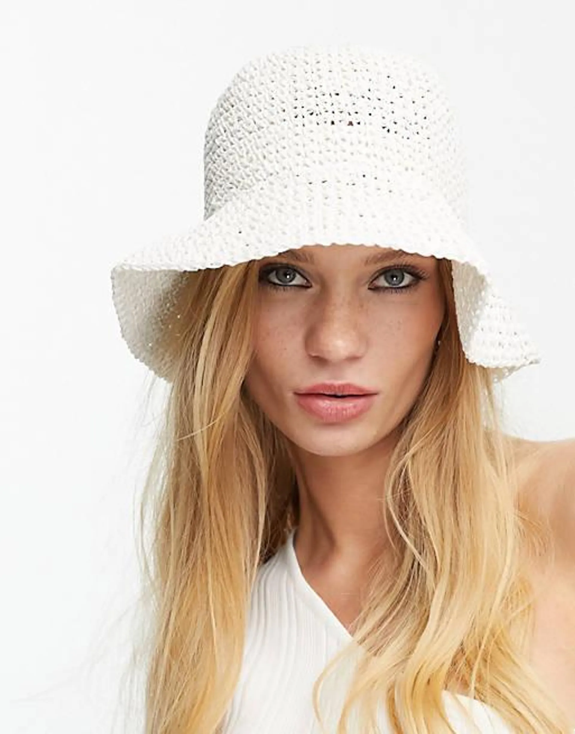 ASOS DESIGN straw crochet bucket hat in white