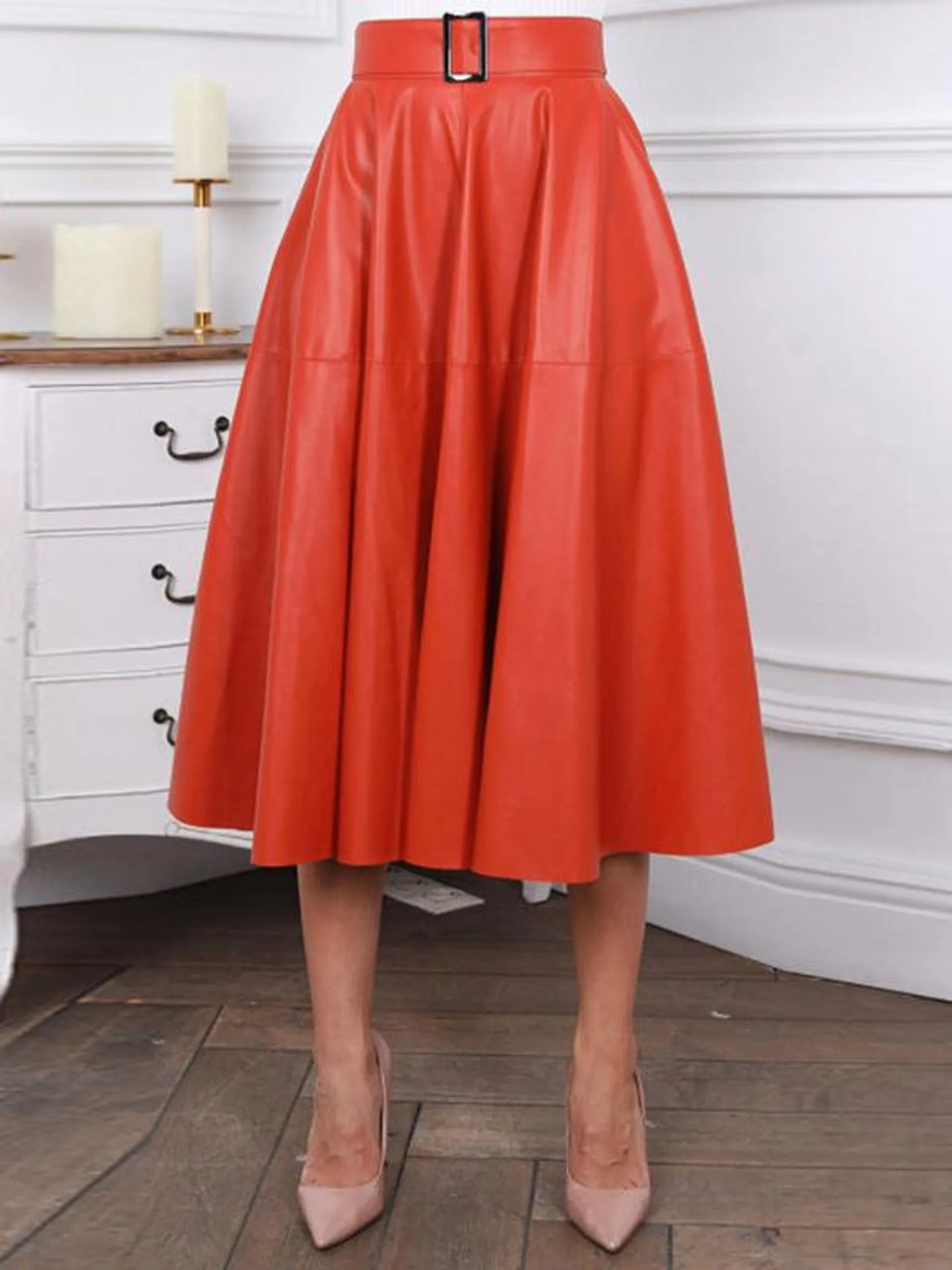 Skirts Orange Red PU Leather Chic Fall Women's Bottoms
