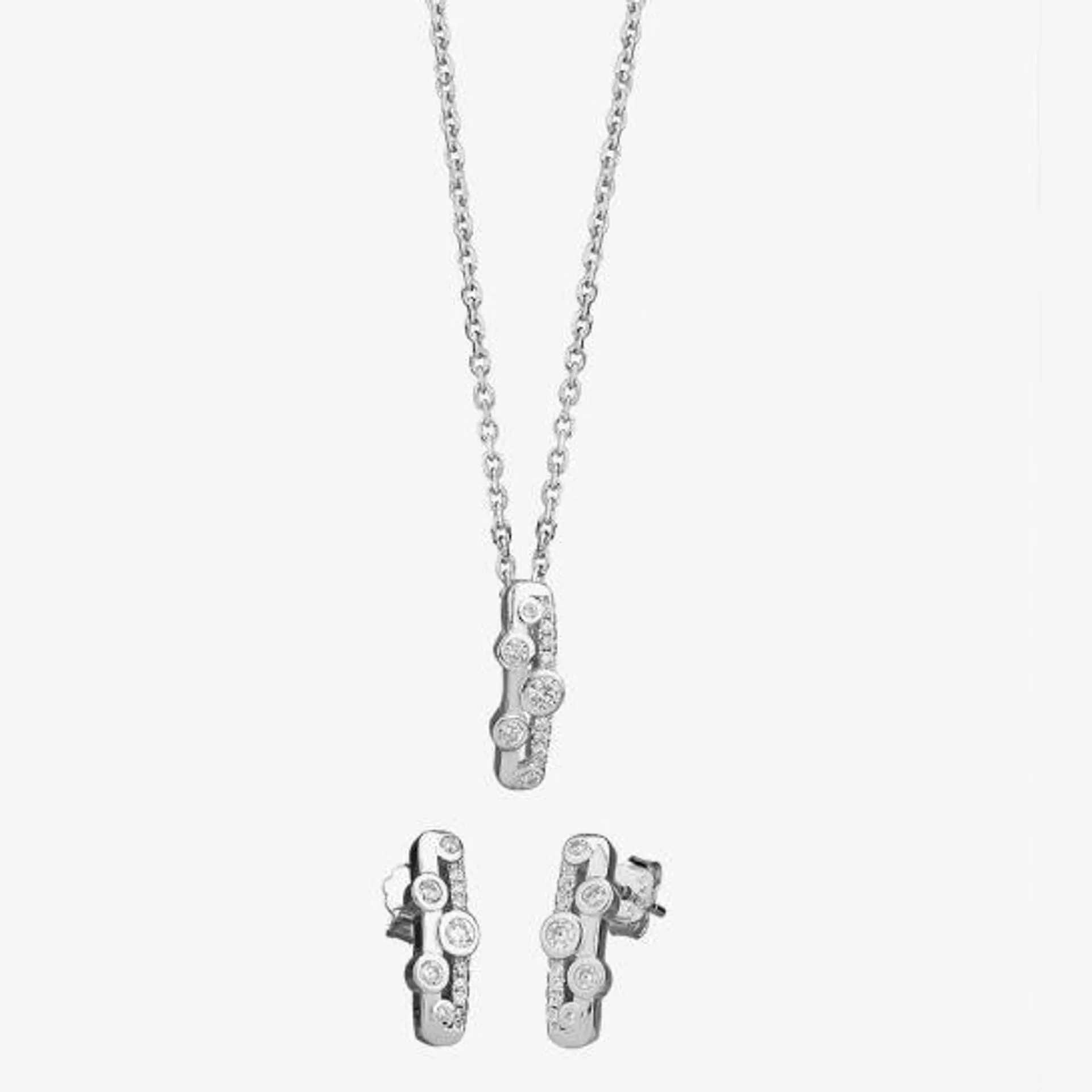 Silver Cubic Zirconia Twin Row Pendant and Earring Set